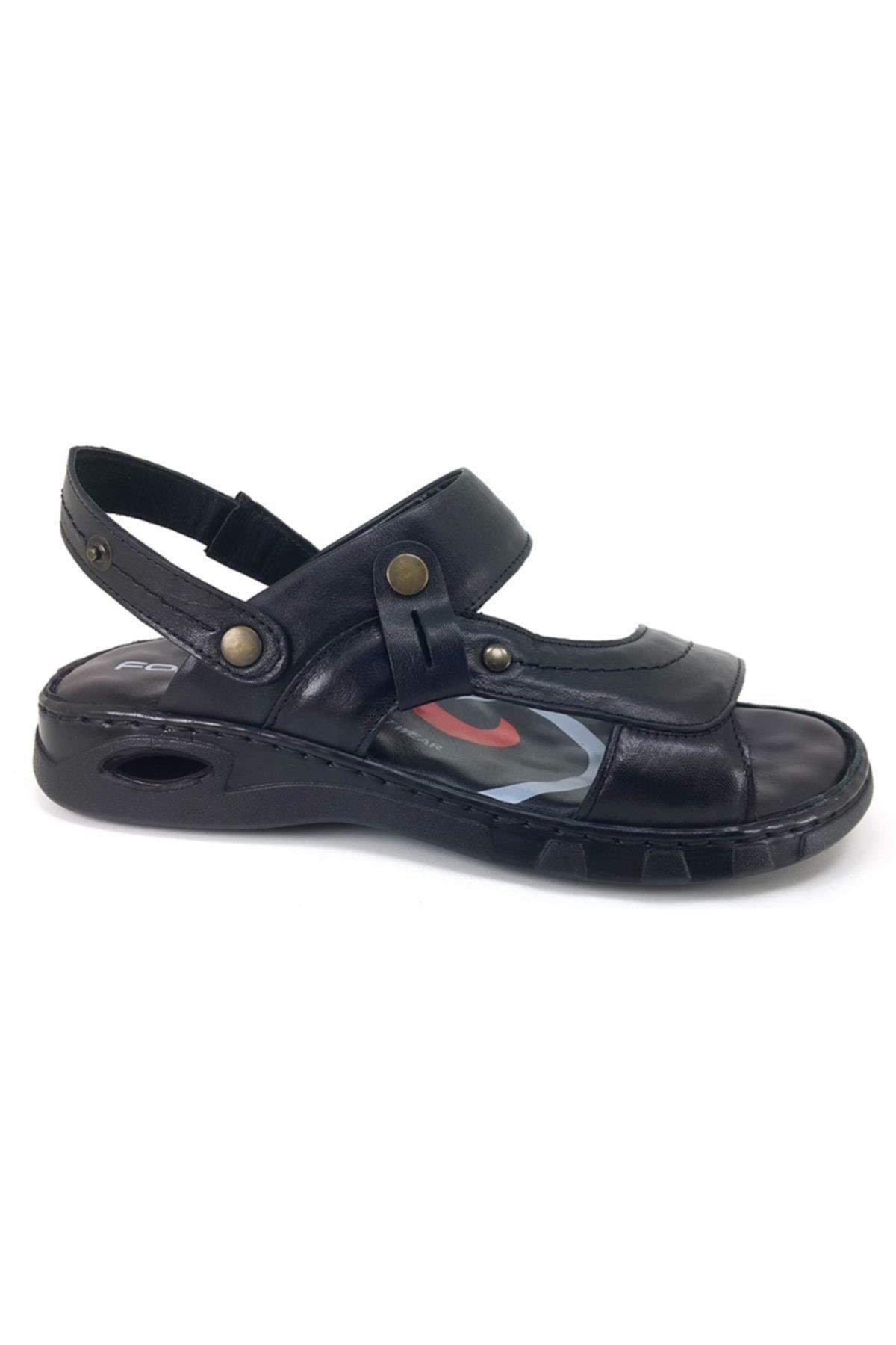 M40507 Hakiki Deri Erkek Anatomik Terlik Sandalet Siyah