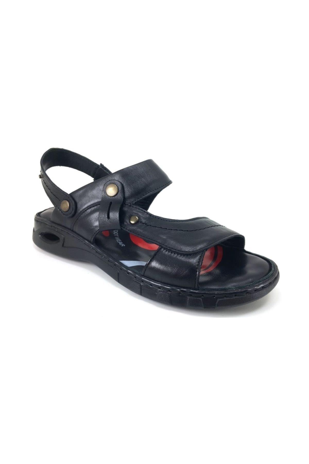 M40507 Hakiki Deri Erkek Anatomik Terlik Sandalet Siyah