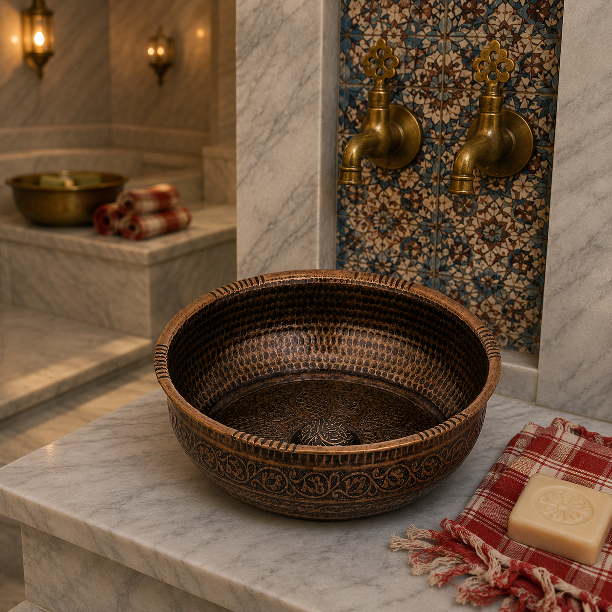 Antik El İşlemeli Bakır Hamam Kurnası
