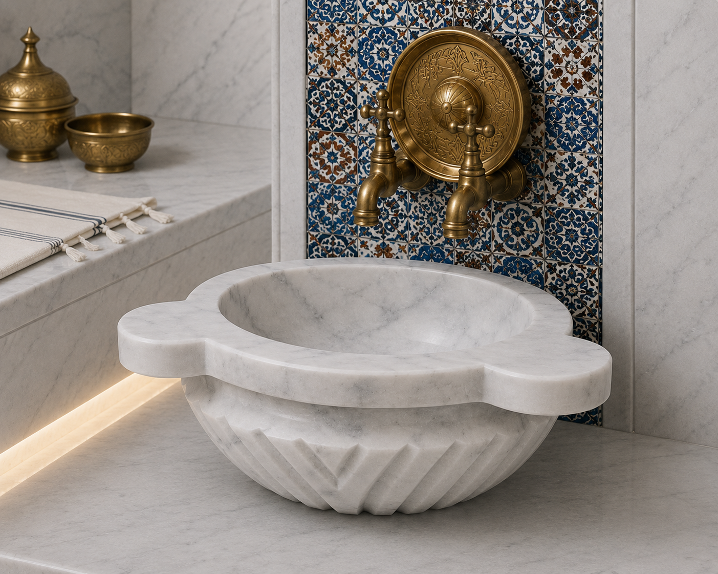 BEYAZ ÇAPRAZ DİLİMLİ MERMER KURNA