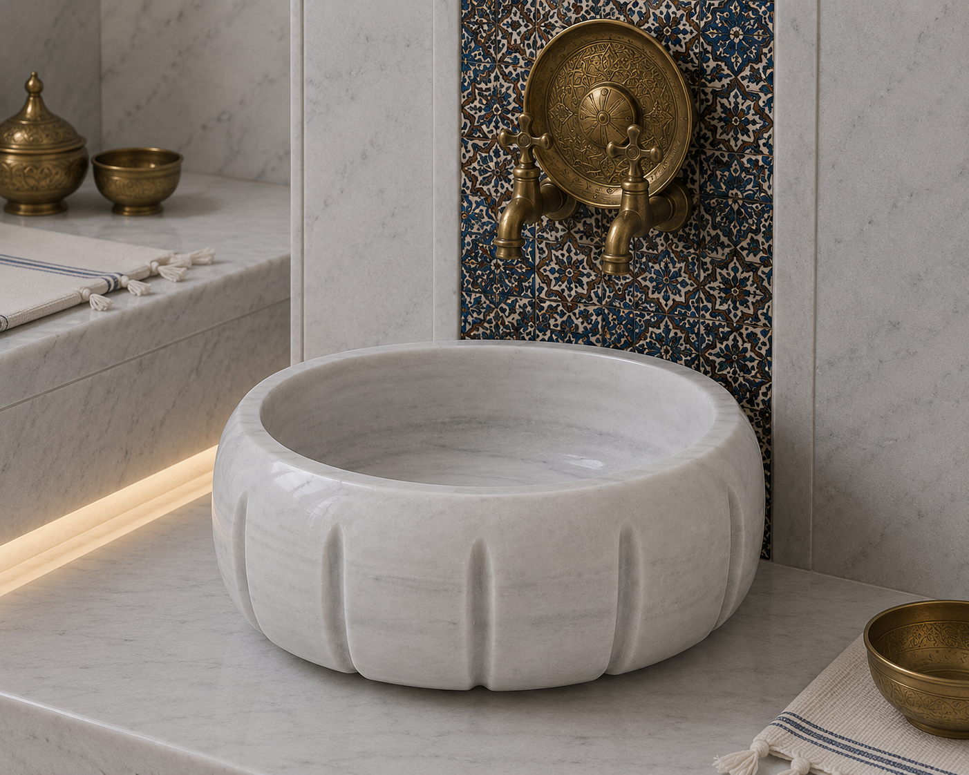 BEYAZ MODERN KAVUN DİLİMLİ MERMER KURNA