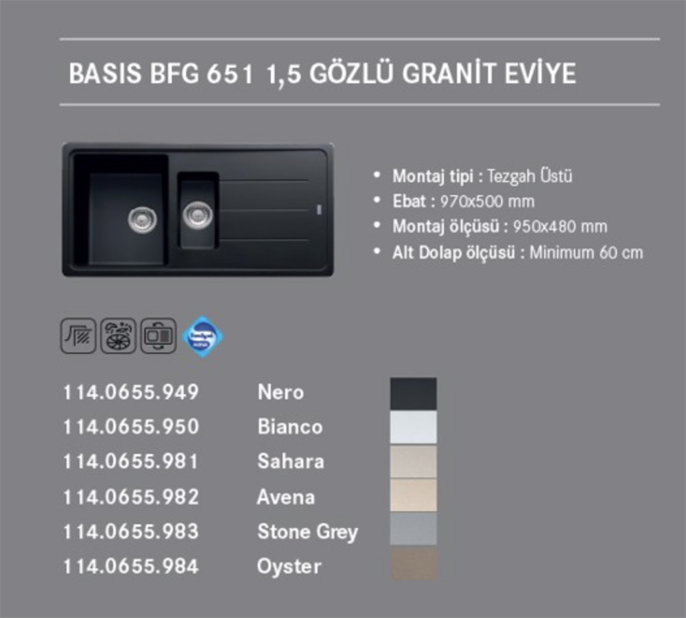 FRANKE BASİS 1,5 GÖZLÜ 970 x 500 MM GRANİT EVİYE & ARMATÜR SET