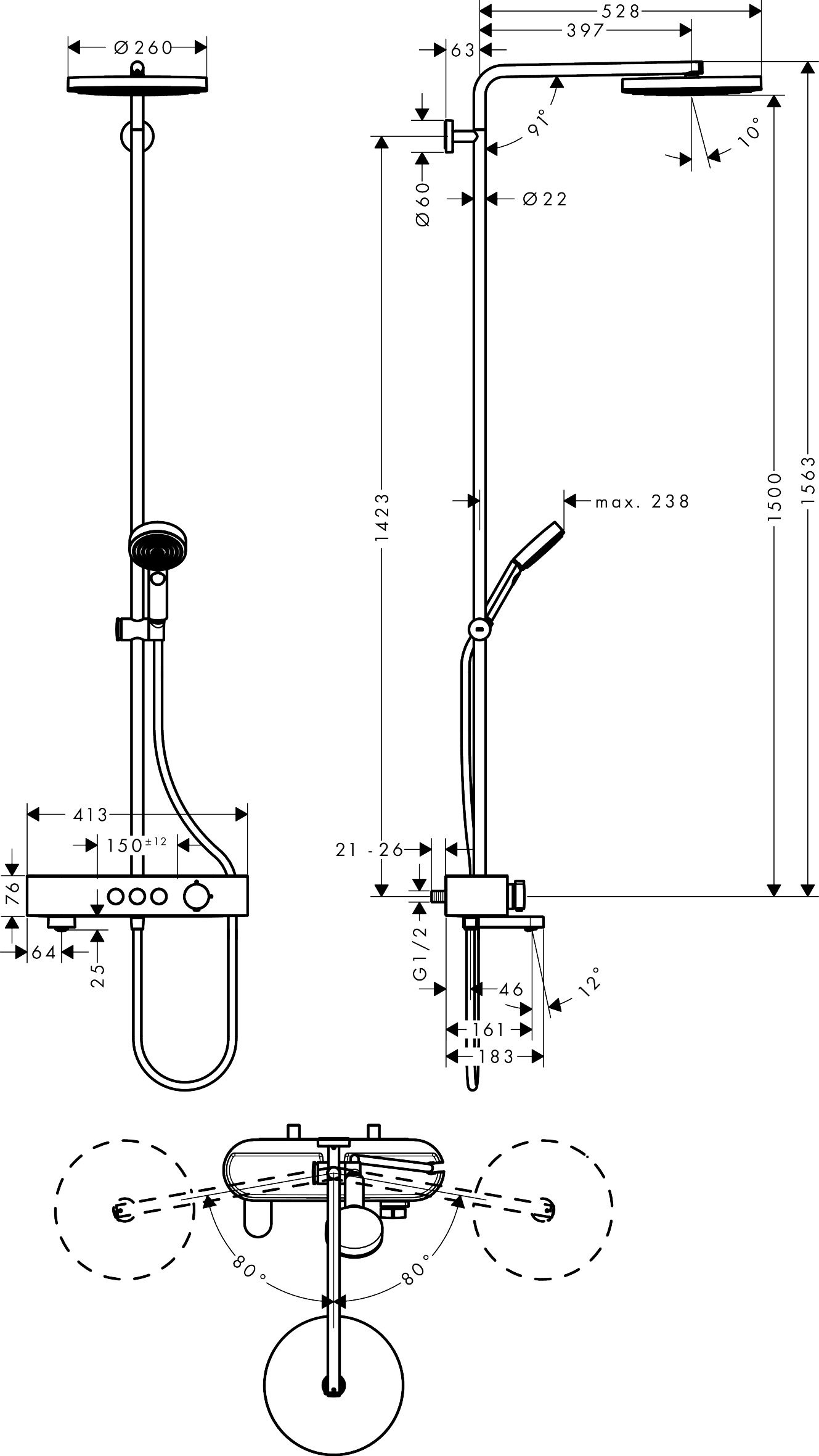 HANSGROHE Pulsify S Duş kolonu 260 1jet, banyo termostatı ShowerTablet 400 ile