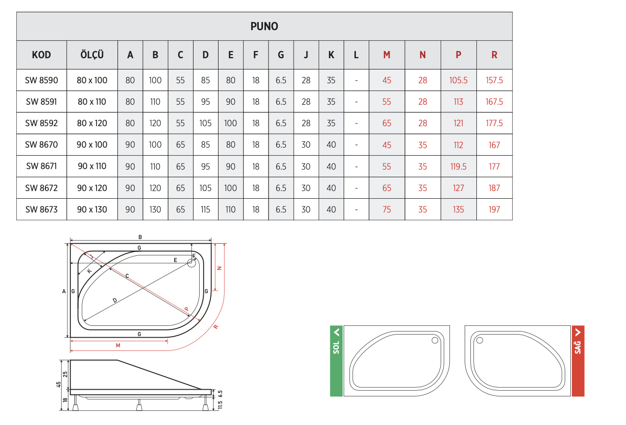 SHOWER PUNO ASİMETRİK OTURAKLI DUŞ TEKNESİ