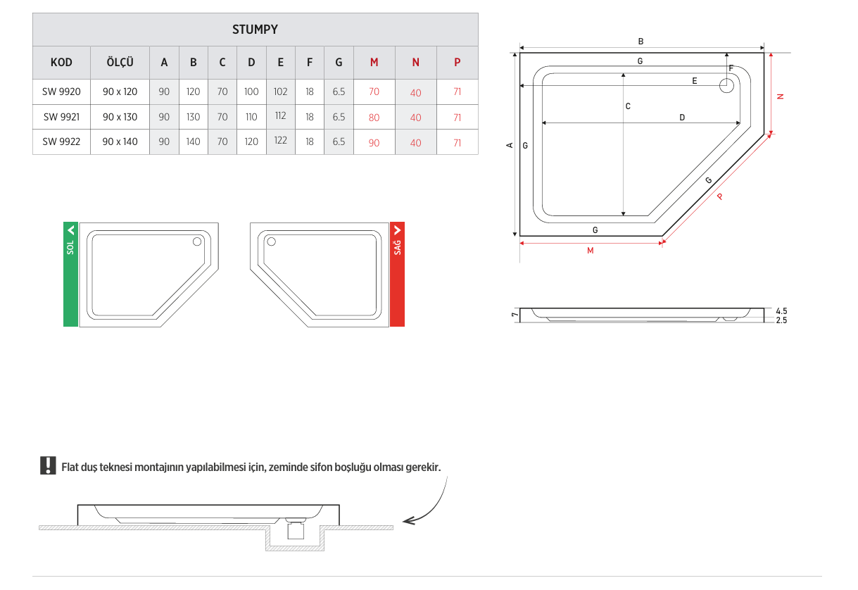 SHOWER STUMPY BEŞGEN SAĞ - SOL FLAT DUŞ TEKNESİ
