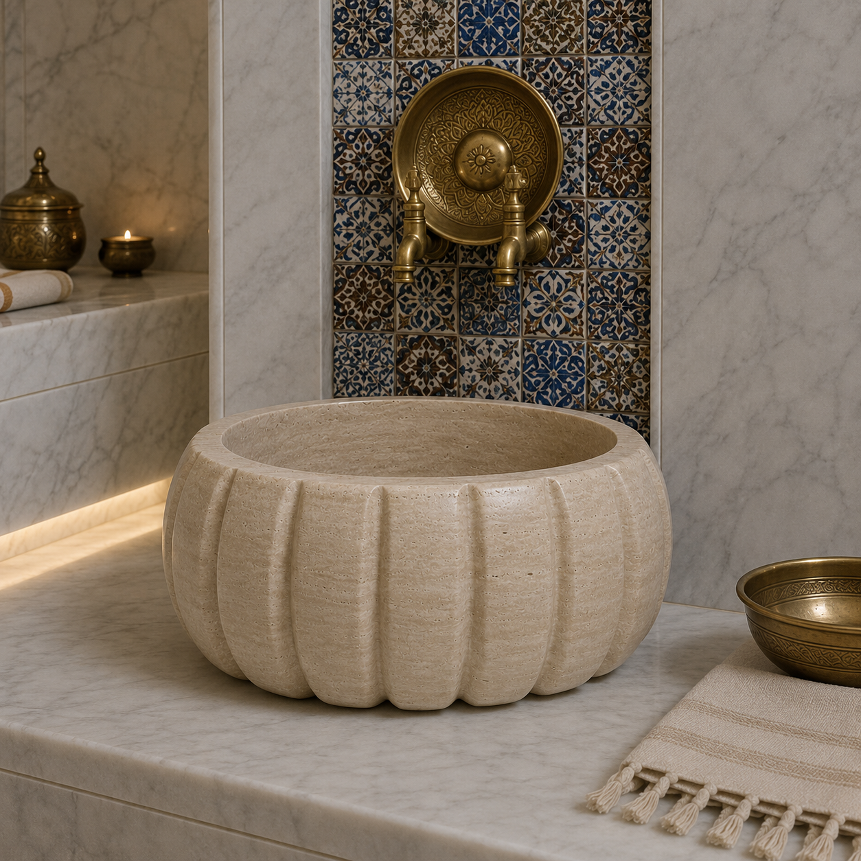 TRAVERTEN MODERN KAVUN DİLİMLİ MERMER KURNA