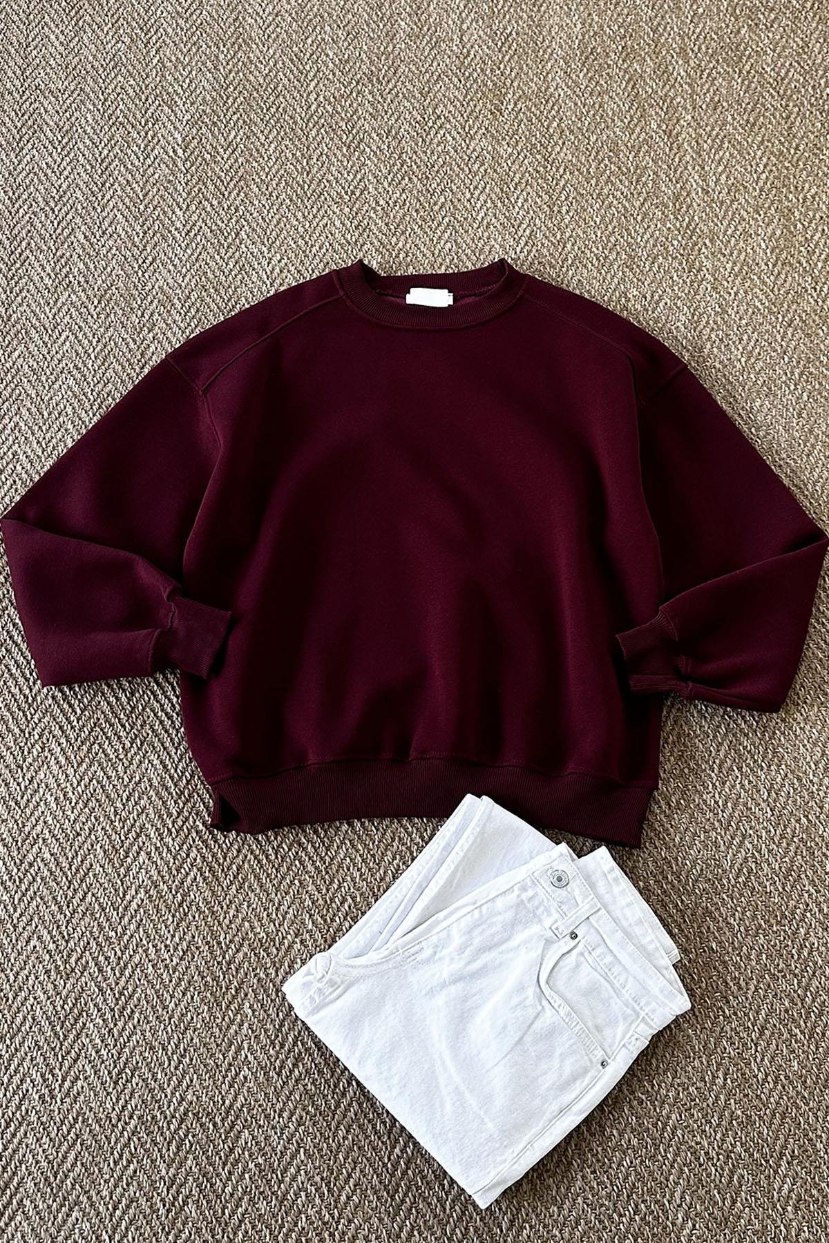 Kadın 3 İplik Basic Düz Renk Sweatshirt - BORDO