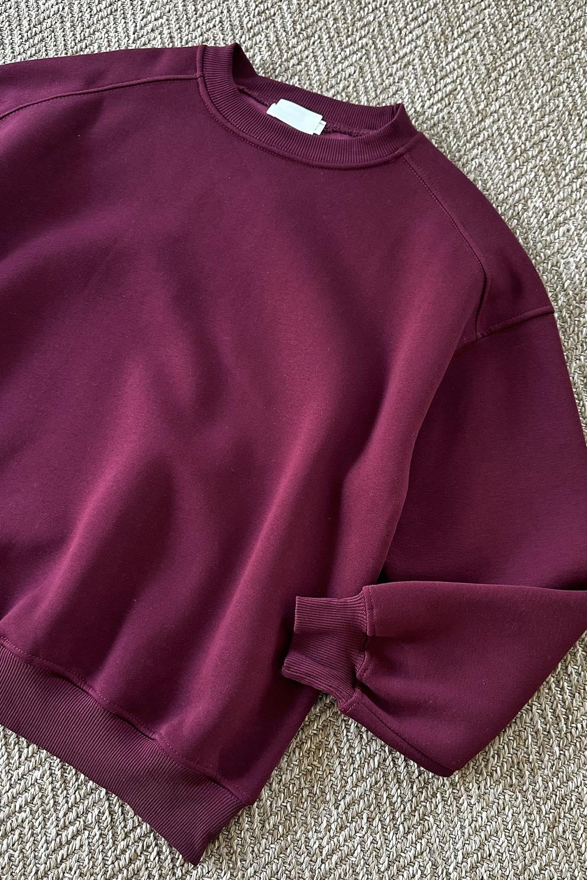 Kadın 3 İplik Basic Düz Renk Sweatshirt - BORDO