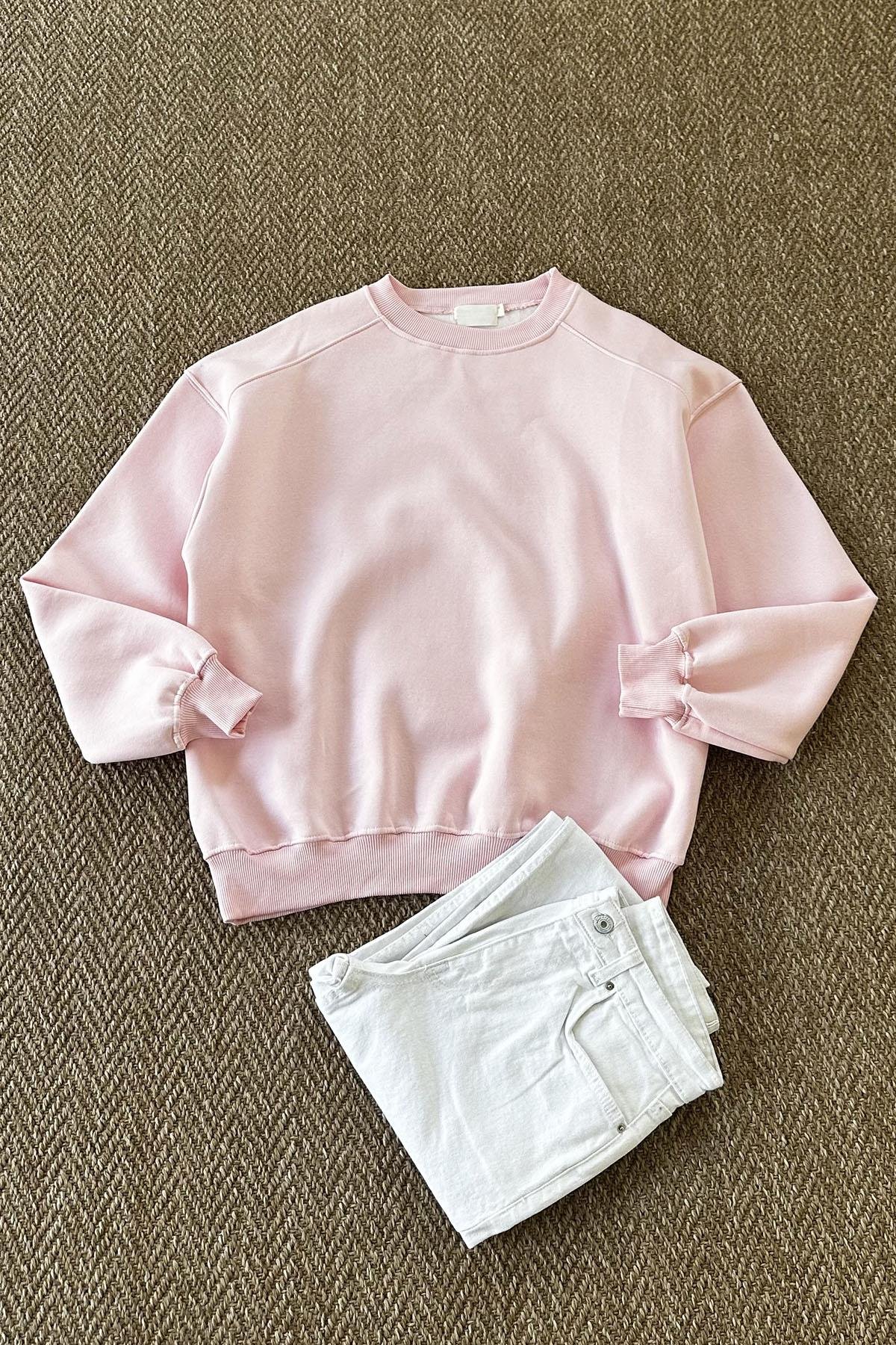 Kadın 3 İplik Basic Düz Renk Sweatshirt - PEMBE