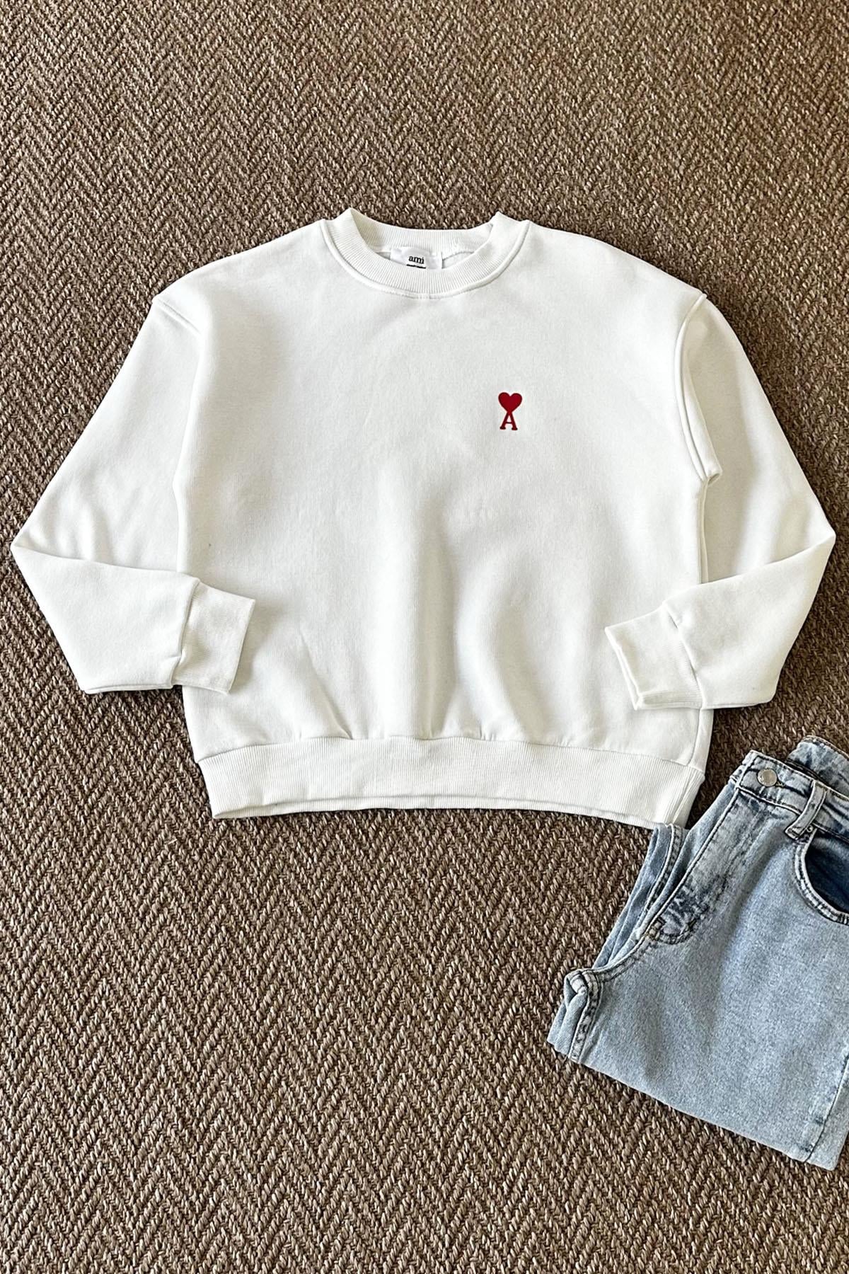 Kadın Ami Kalp Baskılı Sweatshirt - BEYAZ