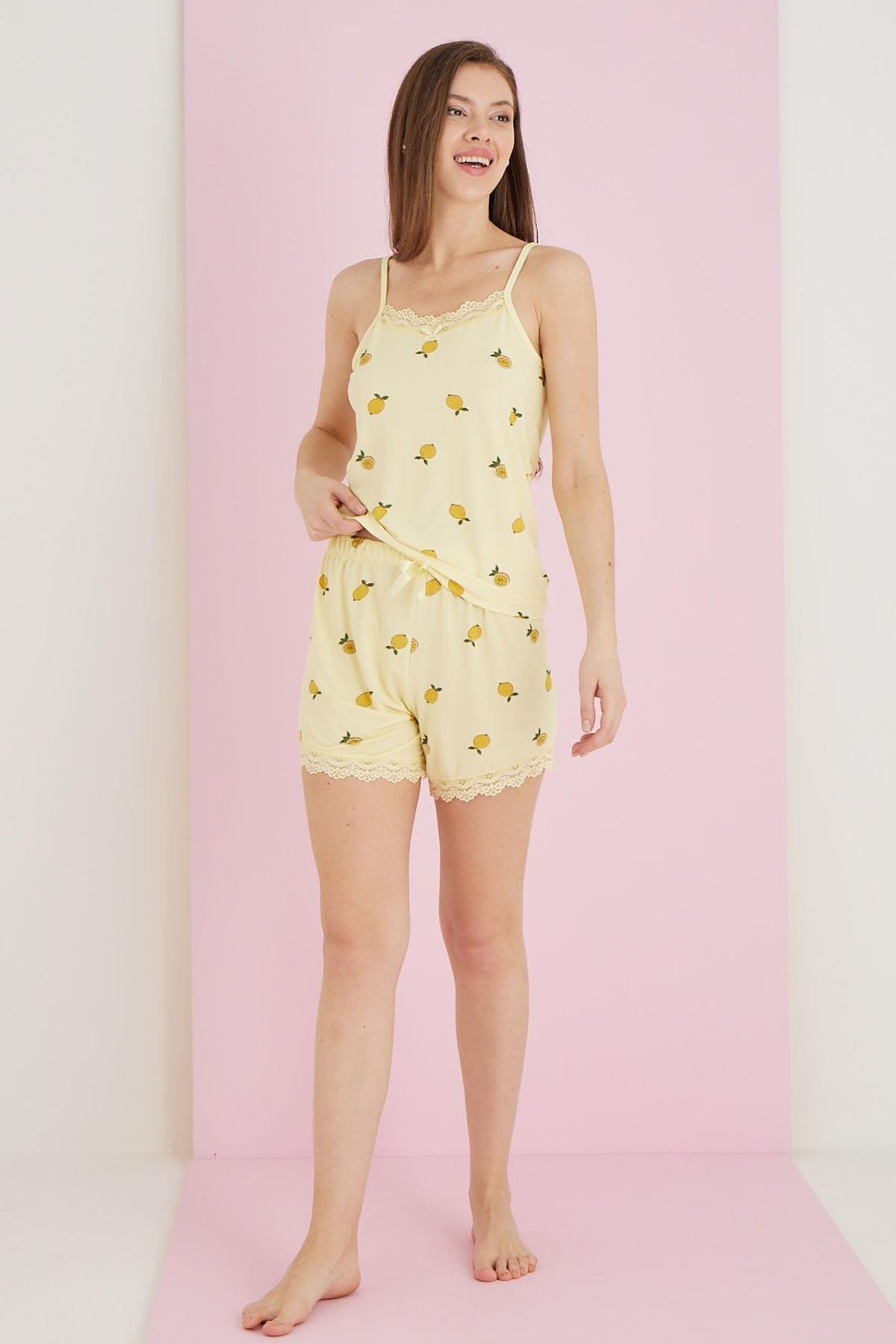Kadın Bambu İp Askılı Limon Desenli Şort Pijama Takım - SARI
