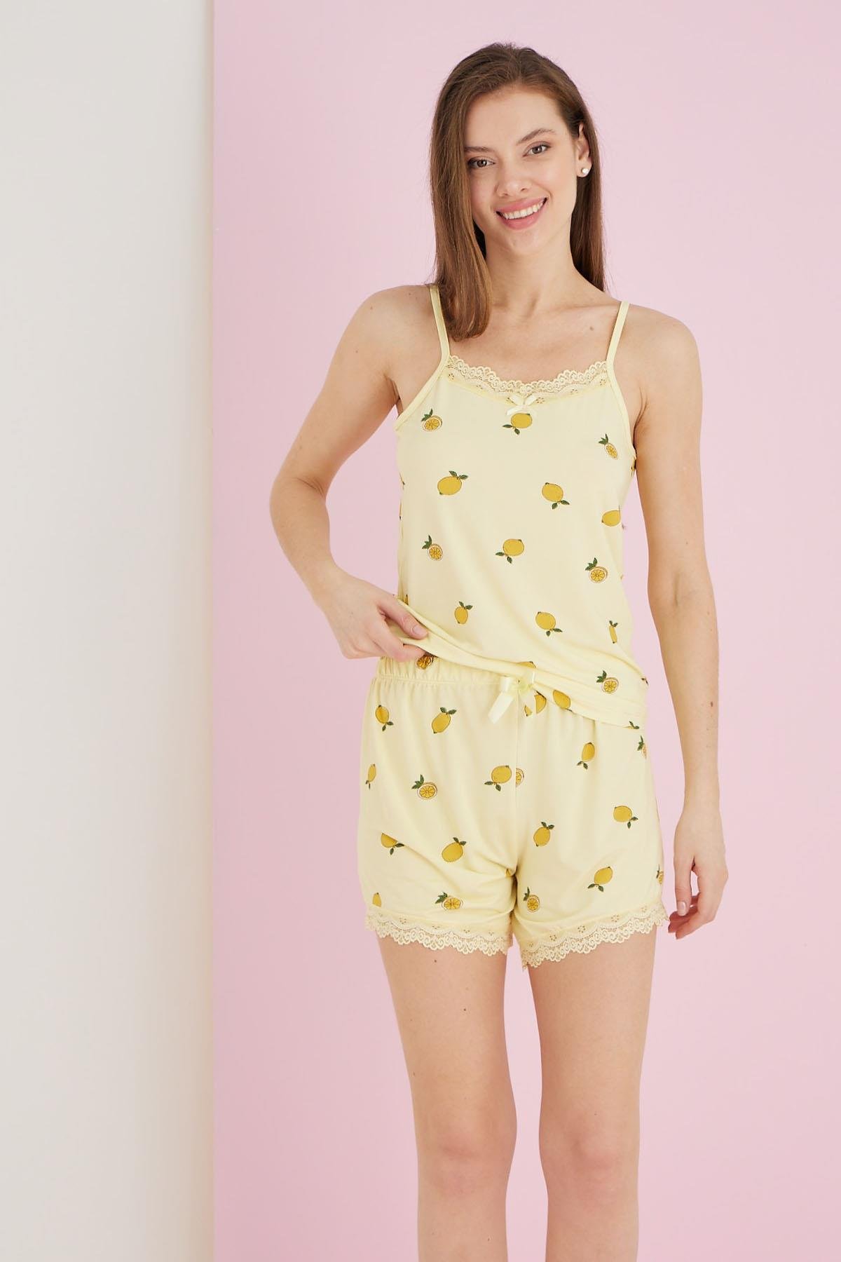 Kadın Bambu İp Askılı Limon Desenli Şort Pijama Takım - SARI