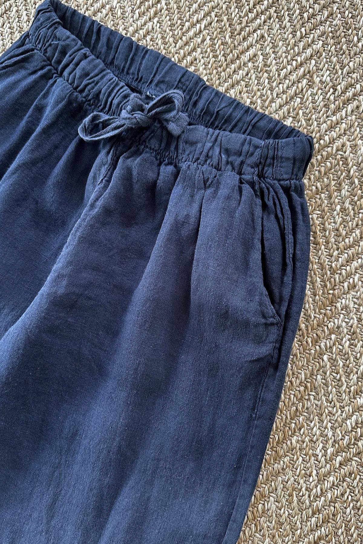 Kadın Beli Lastikli Bağcıklı Bol Paça Keten Pantolon - LACİVERT