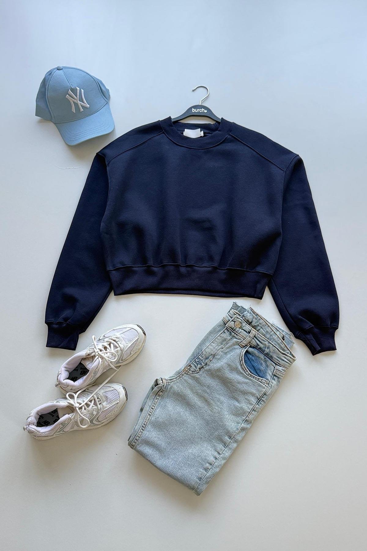 Kadın Bisiklet Yaka Basic Crop Sweatshirt - LACİVERT