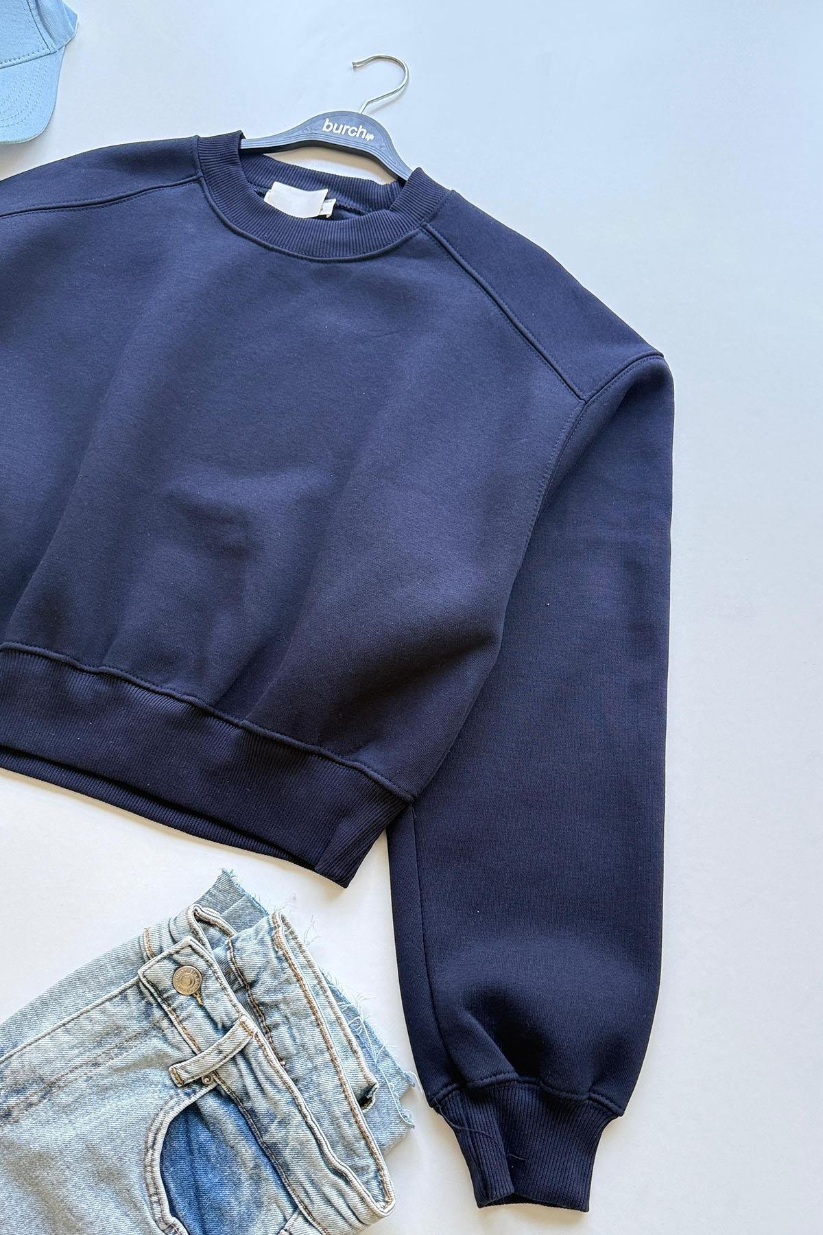 Kadın Bisiklet Yaka Basic Crop Sweatshirt - LACİVERT