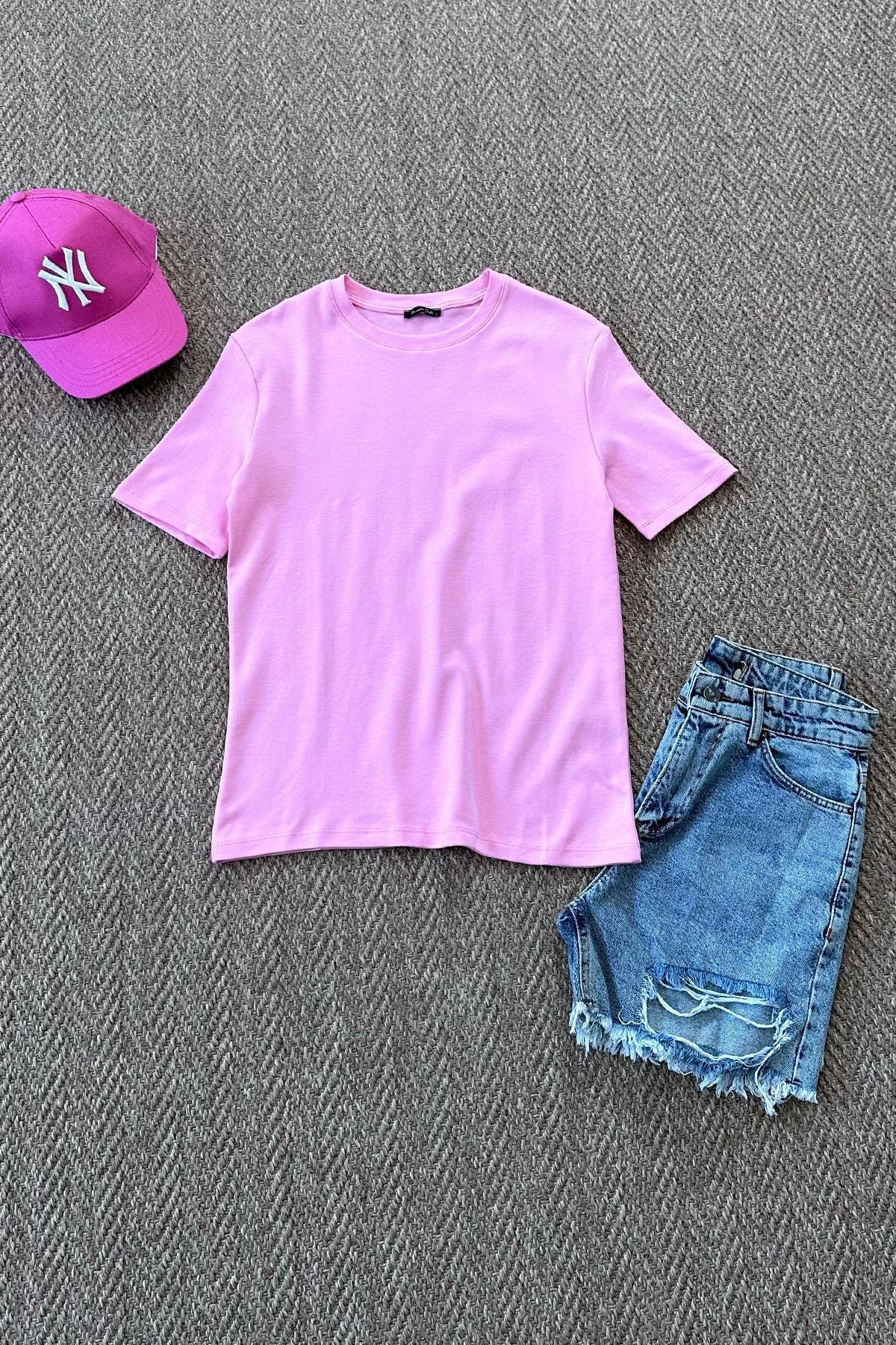 Kadın Bisiklet Yaka Kısa Kol Basic Tshirt - PEMBE