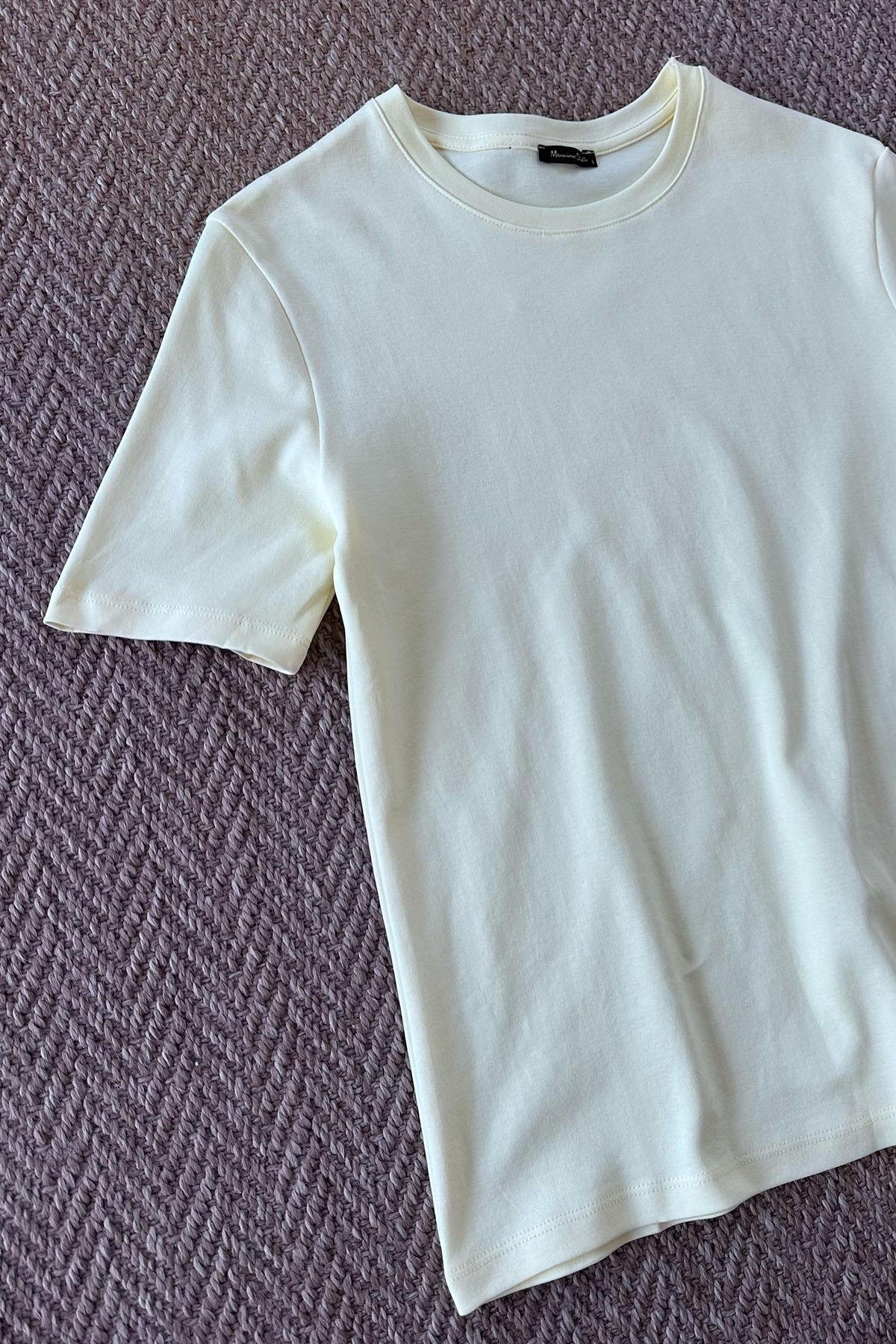 Kadın Bisiklet Yaka Kısa Kol Basic Tshirt - SARI