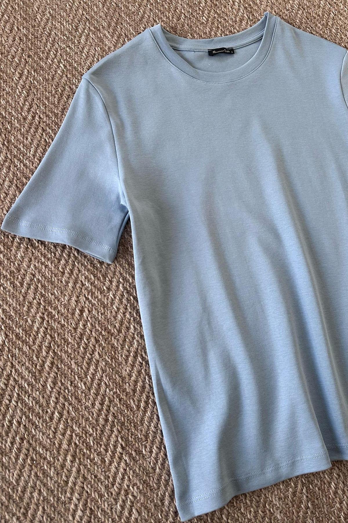 Kadın Bisiklet Yaka Kısa Kol Basic Tshirt - MAVİ