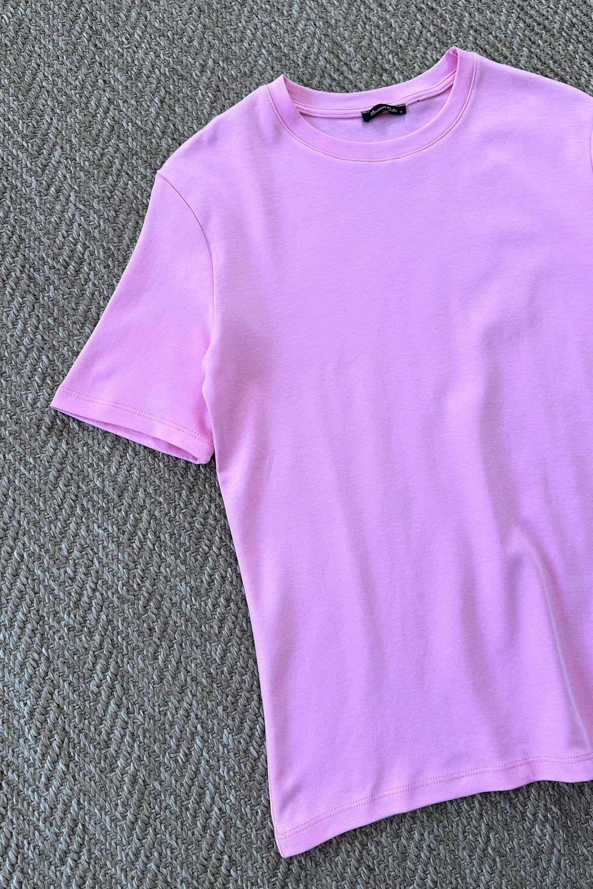 Kadın Bisiklet Yaka Kısa Kol Basic Tshirt - PEMBE
