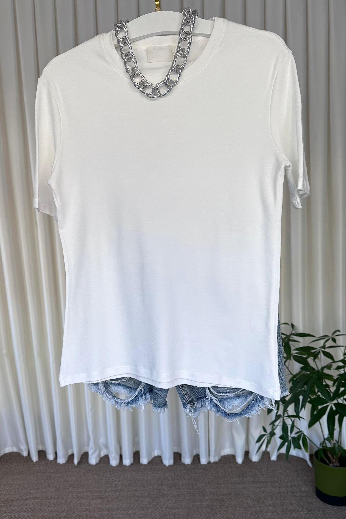 Kadın Bisilet Yaka Kısa Kol Basic Tshirt - EKRU