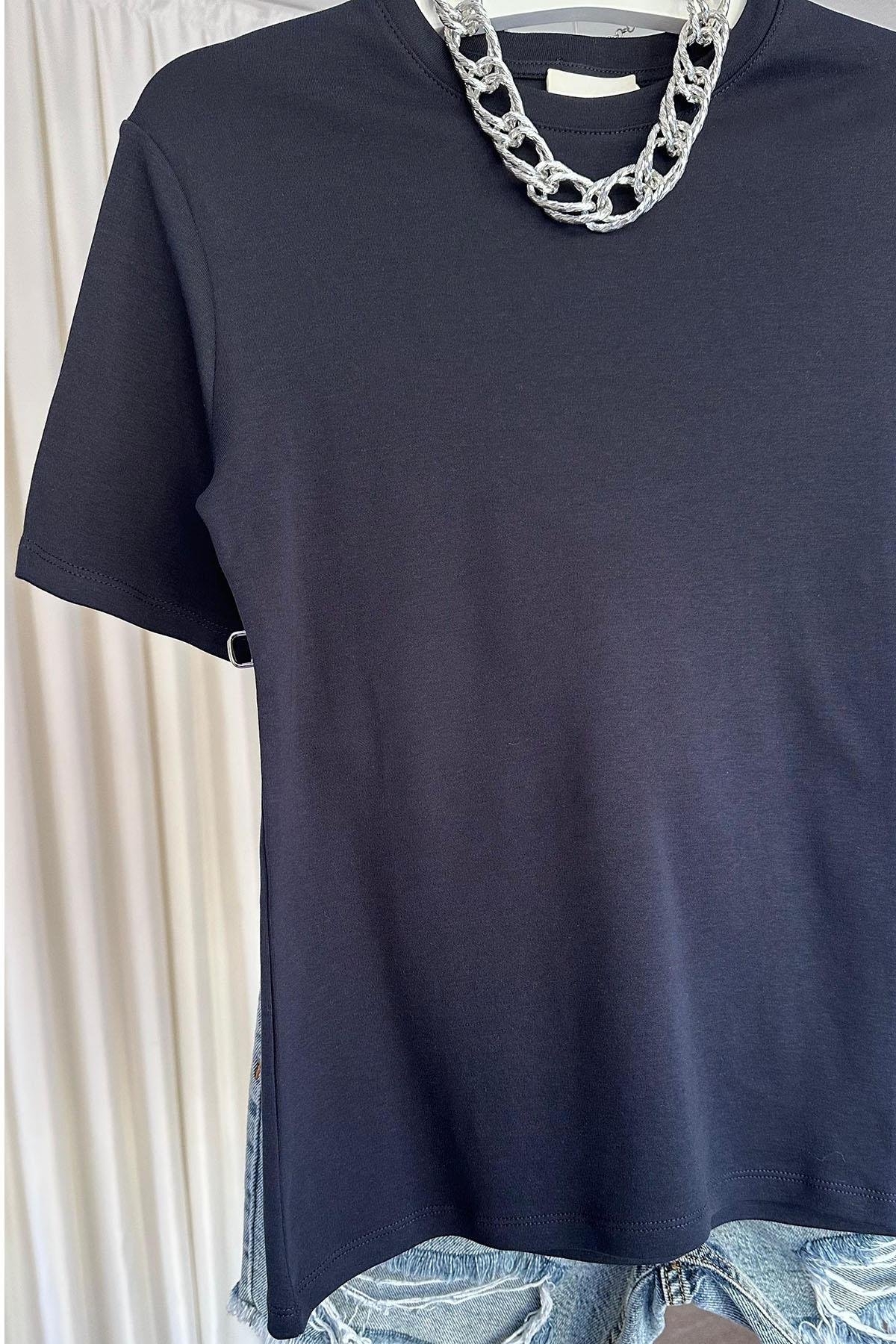 Kadın Bisilet Yaka Kısa Kol Basic Tshirt - LACİVERT