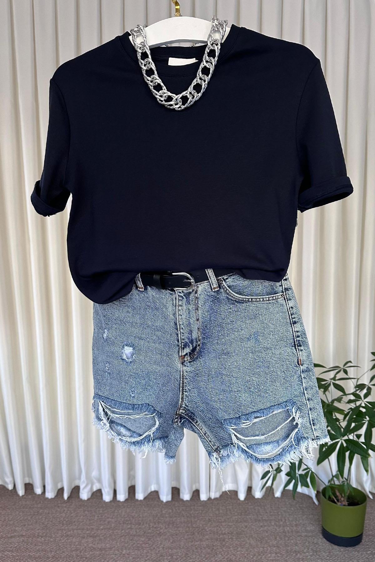 Kadın Bisilet Yaka Kısa Kol Basic Tshirt - LACİVERT