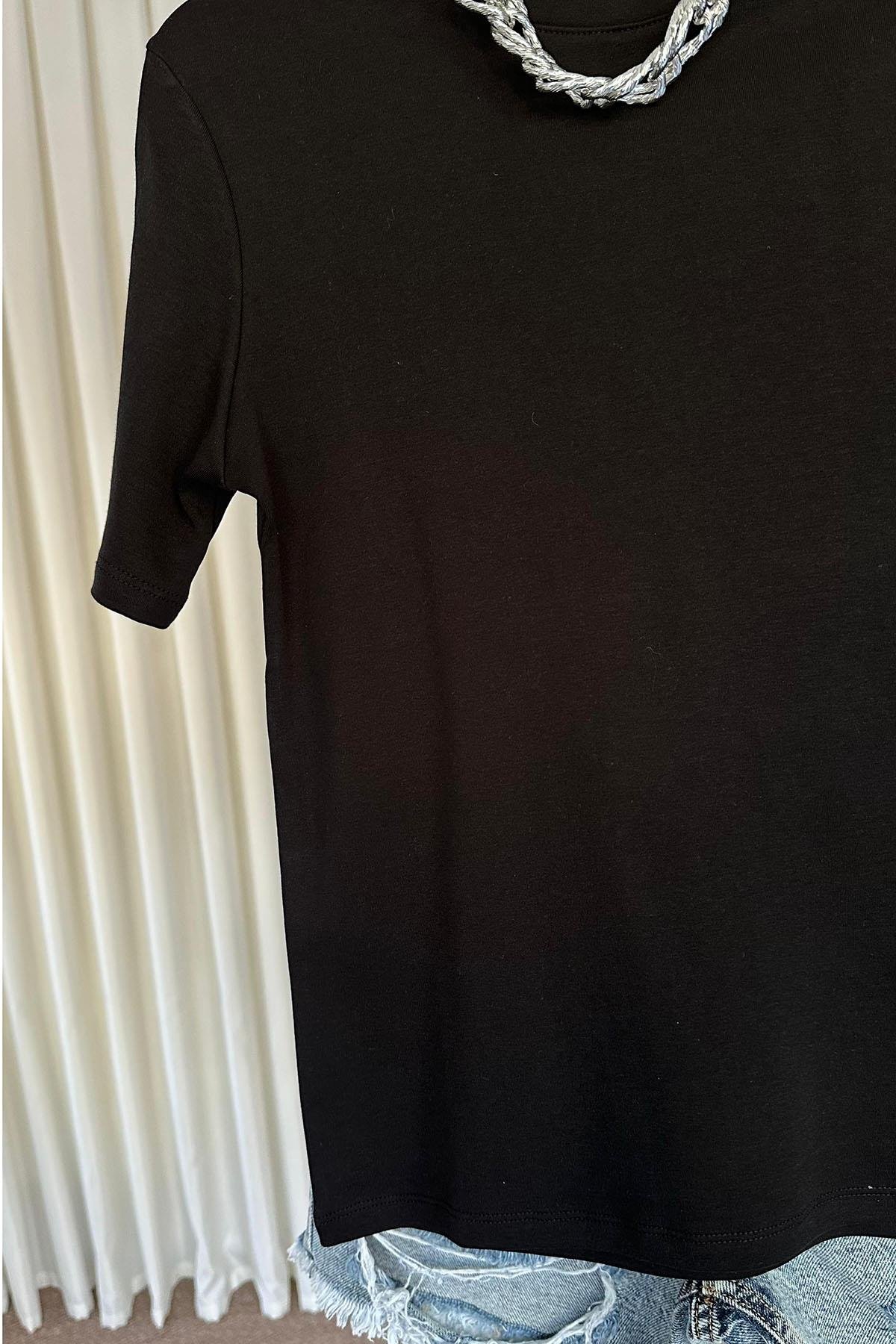 Kadın Bisilet Yaka Kısa Kol Basic Tshirt - SİYAH