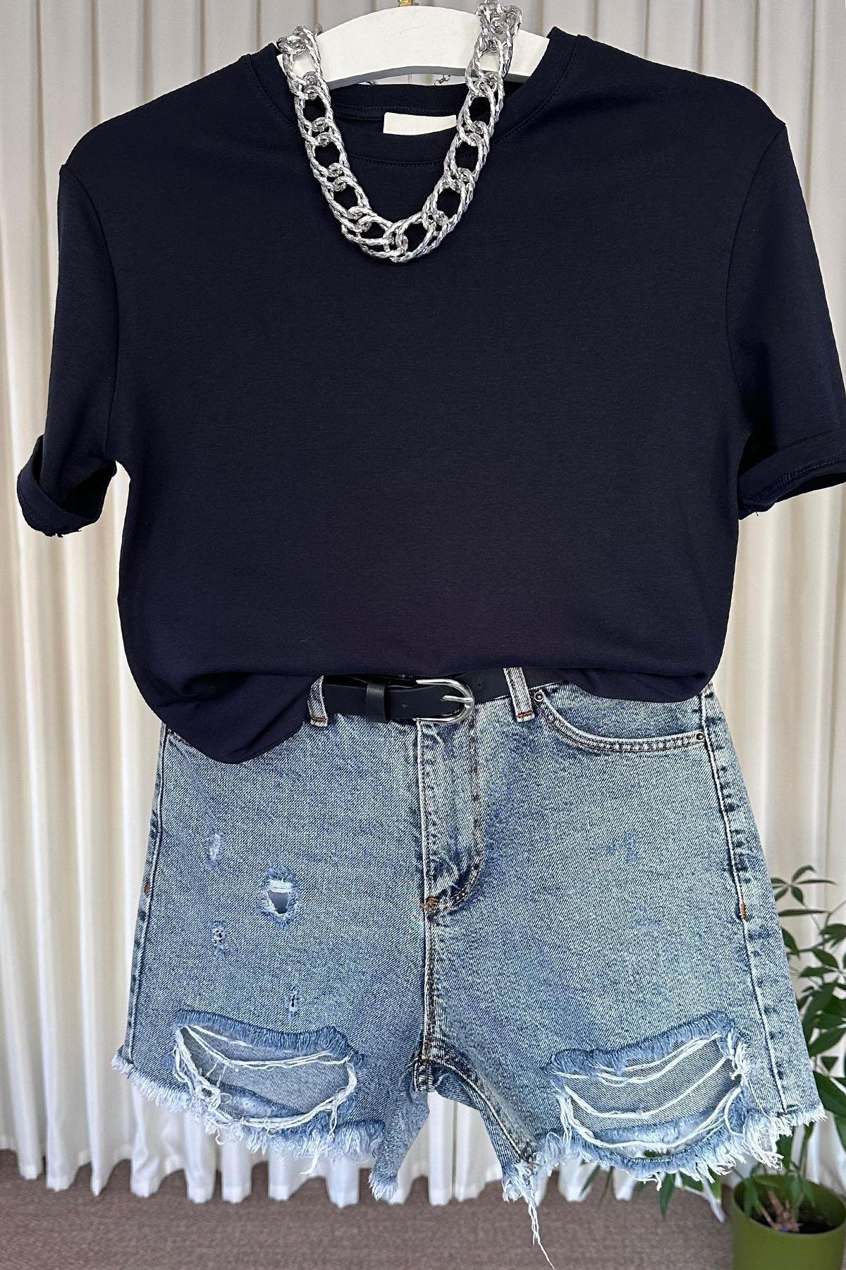 Kadın Bisilet Yaka Kısa Kol Basic Tshirt - LACİVERT