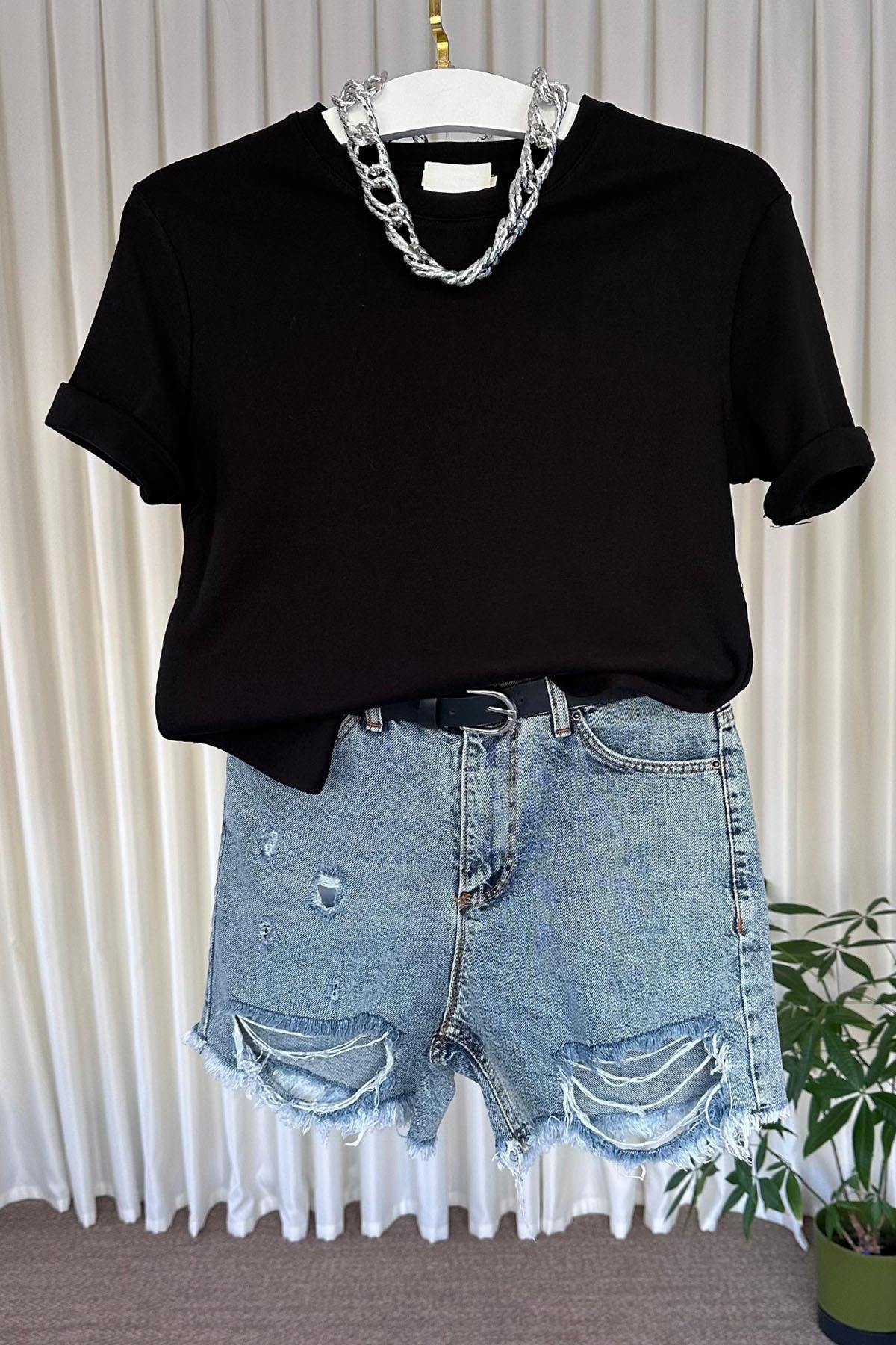 Kadın Bisilet Yaka Kısa Kol Basic Tshirt - SİYAH