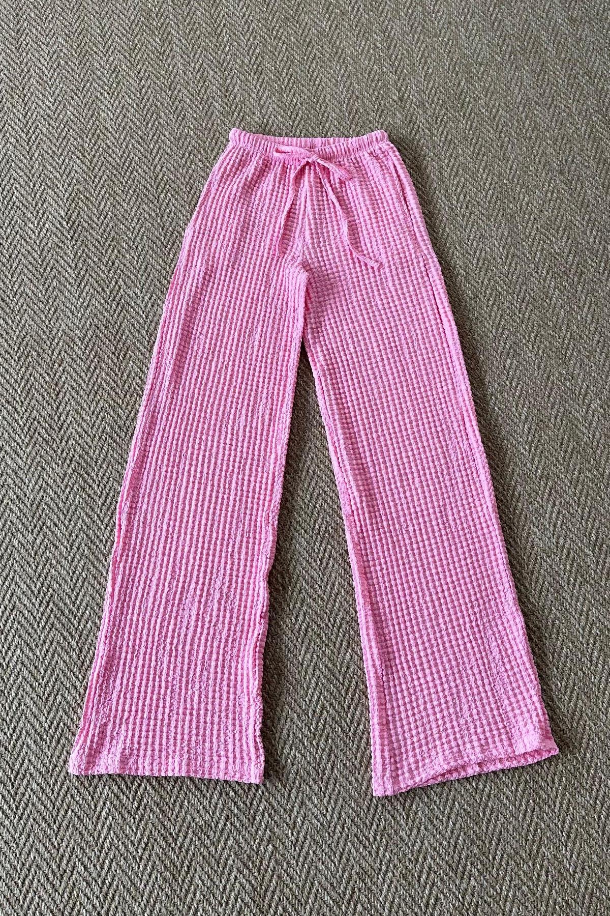 Kadın Bürümcük Kumaş Bol Paça Pantolon - PEMBE