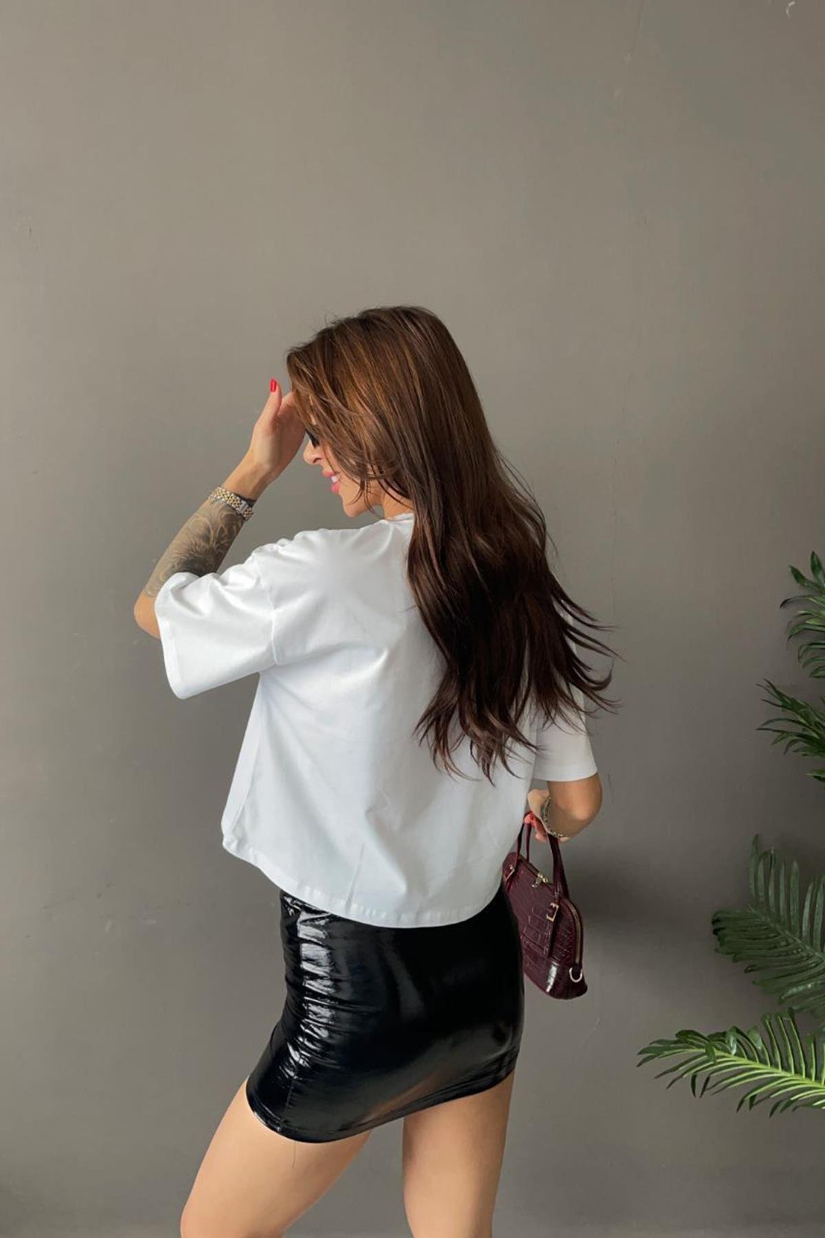 Kadın Cherry Kiraz Baskılı Crop Tshirt - BEYAZ