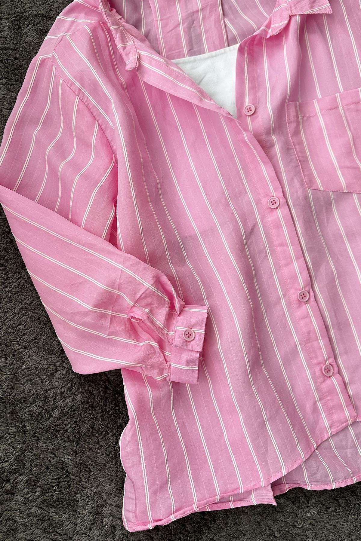 Kadın Çizgili Salaş Gömlek - PEMBE