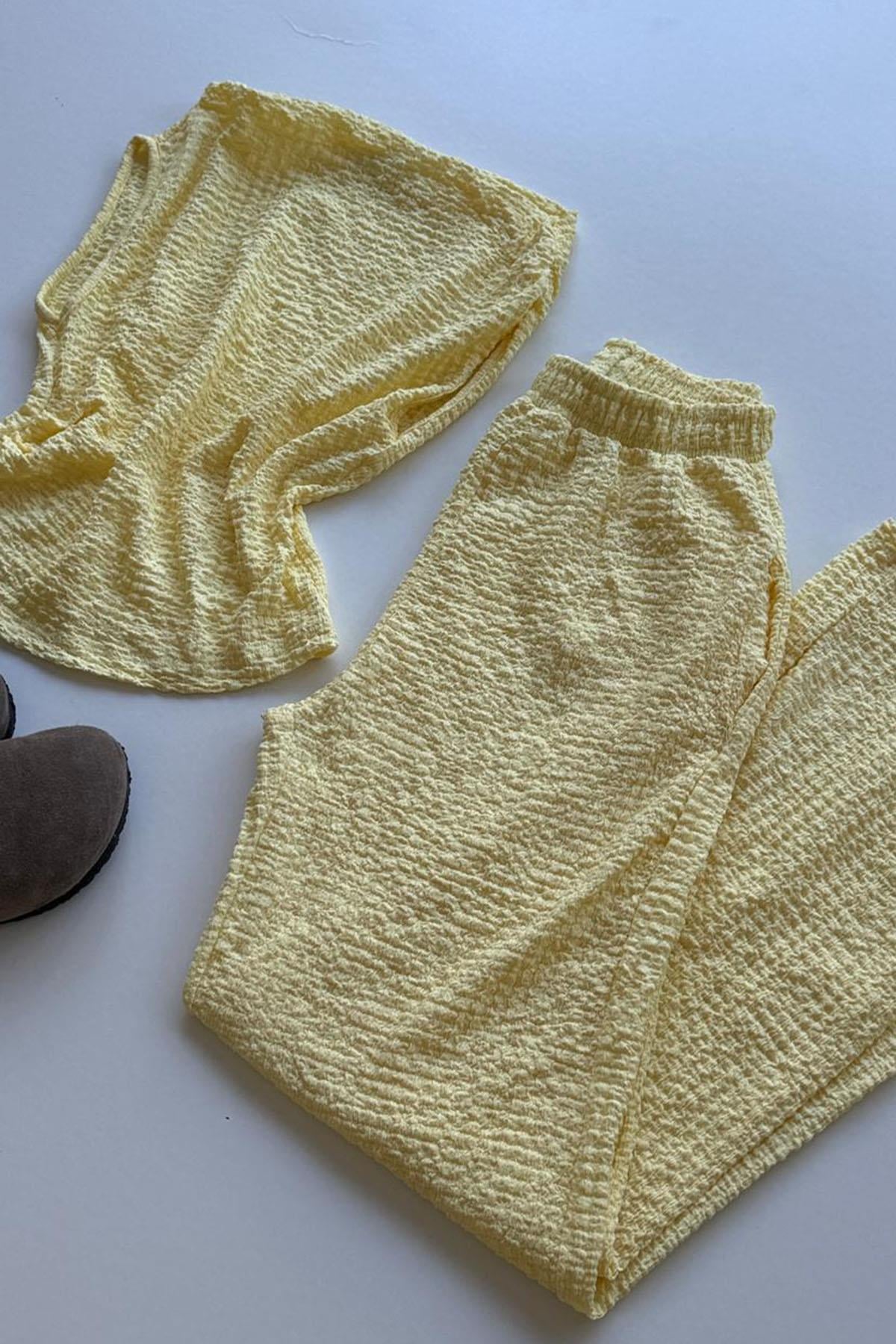 Kadın Degaje Yaka Body Bol Paça Pantolon Takım - SARI