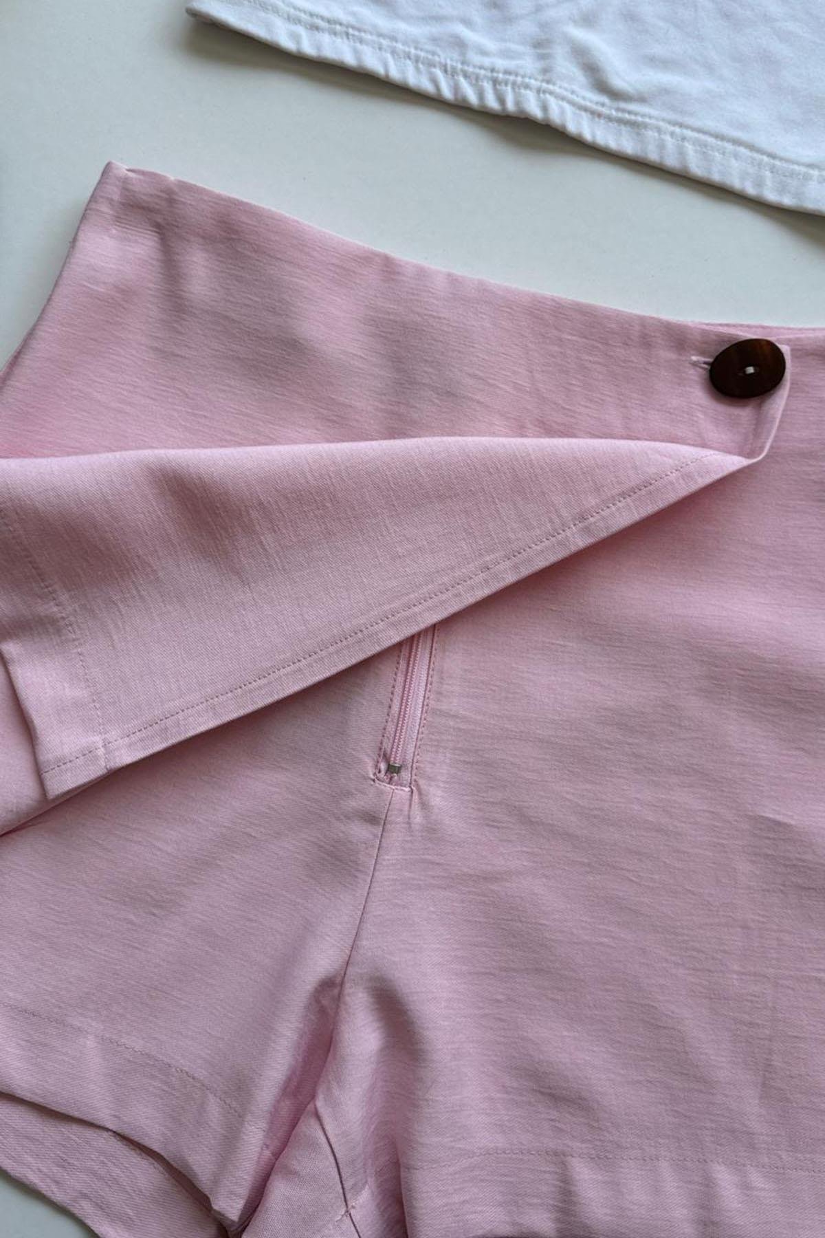 Kadın Dokuma Şort Etek - PEMBE