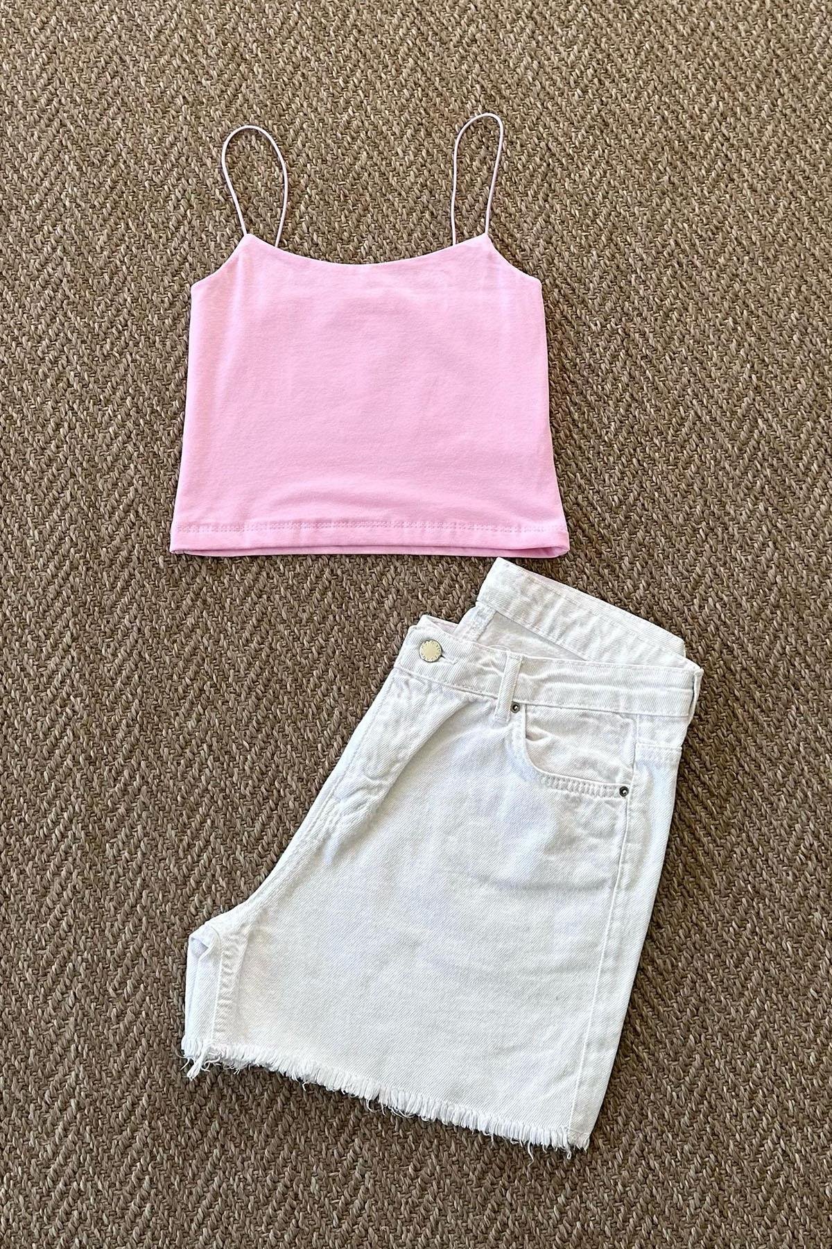 Kadın İp Askılı Kısa Crop - PEMBE