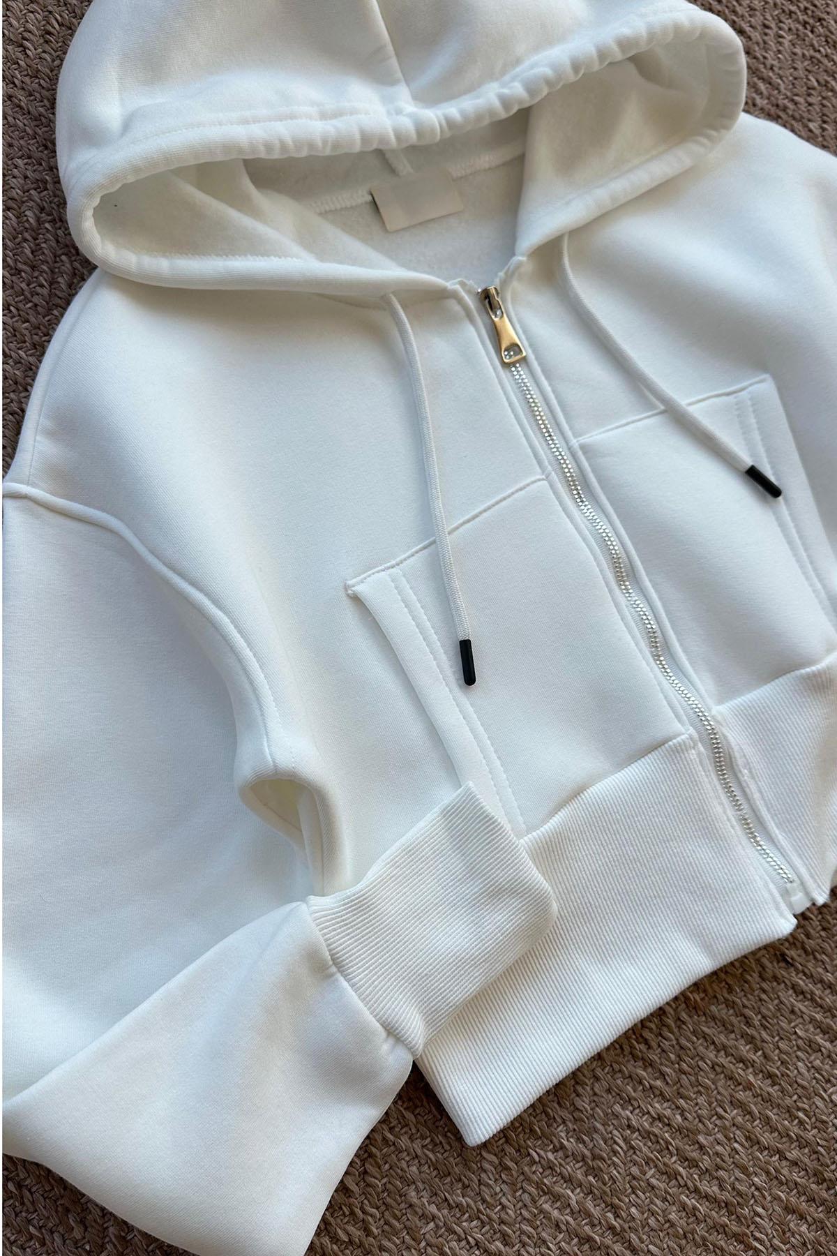 Kadın Kanguru Cepli Kapüşonlu Kısa Sweatshirt - BEYAZ