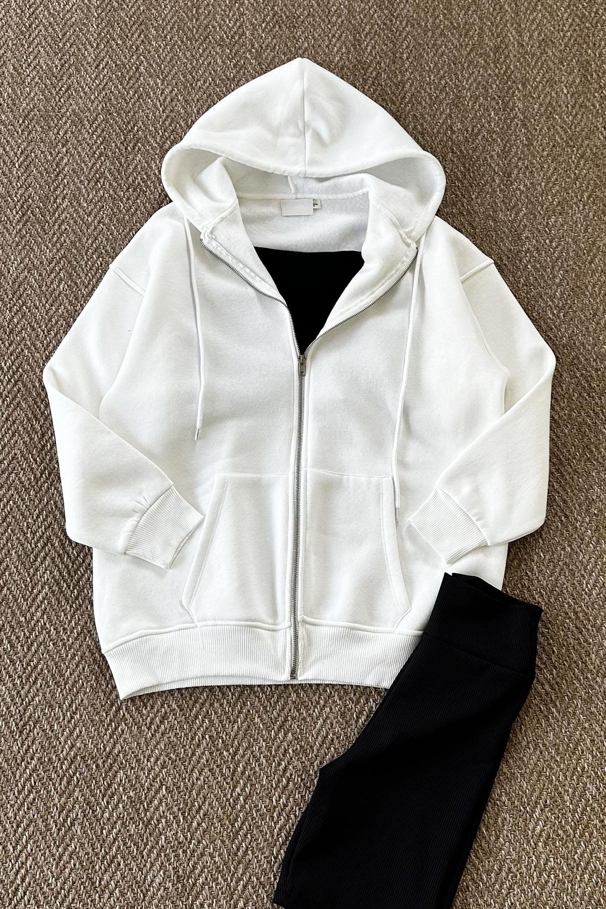 Kadın Kapüşonlu Fermuarlı Uzun Sweatshirt - BEYAZ
