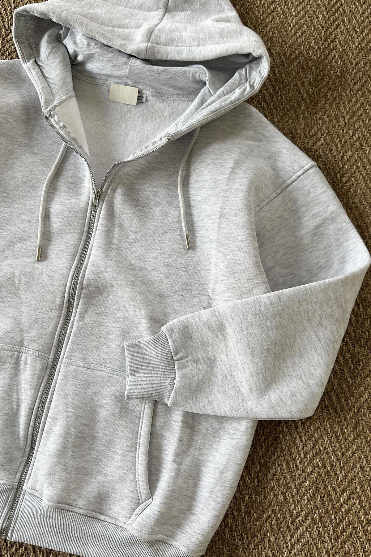 Kadın Kapüşonlu Fermuarlı Uzun Sweatshirt - GRİ