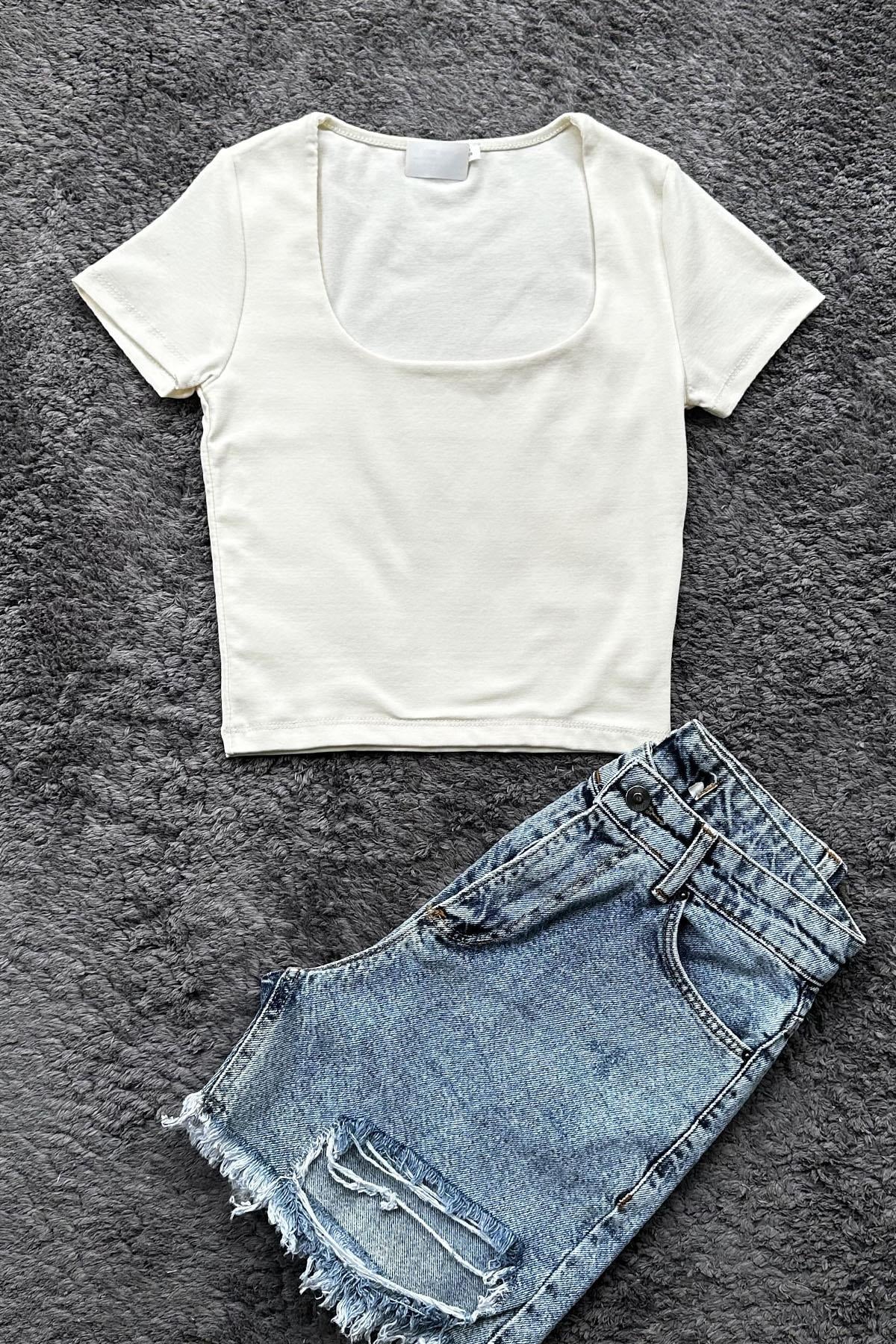 Kadın Kare Yaka Likralı Ribana Crop Tshirt - KREM