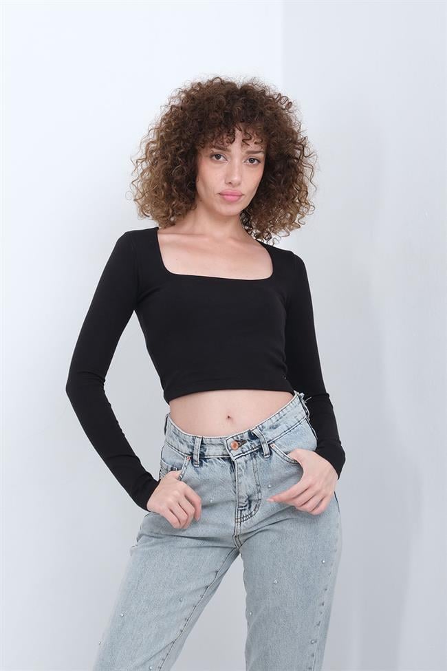 Kadın Kare Yaka Uzun Kollu Body - SİYAH