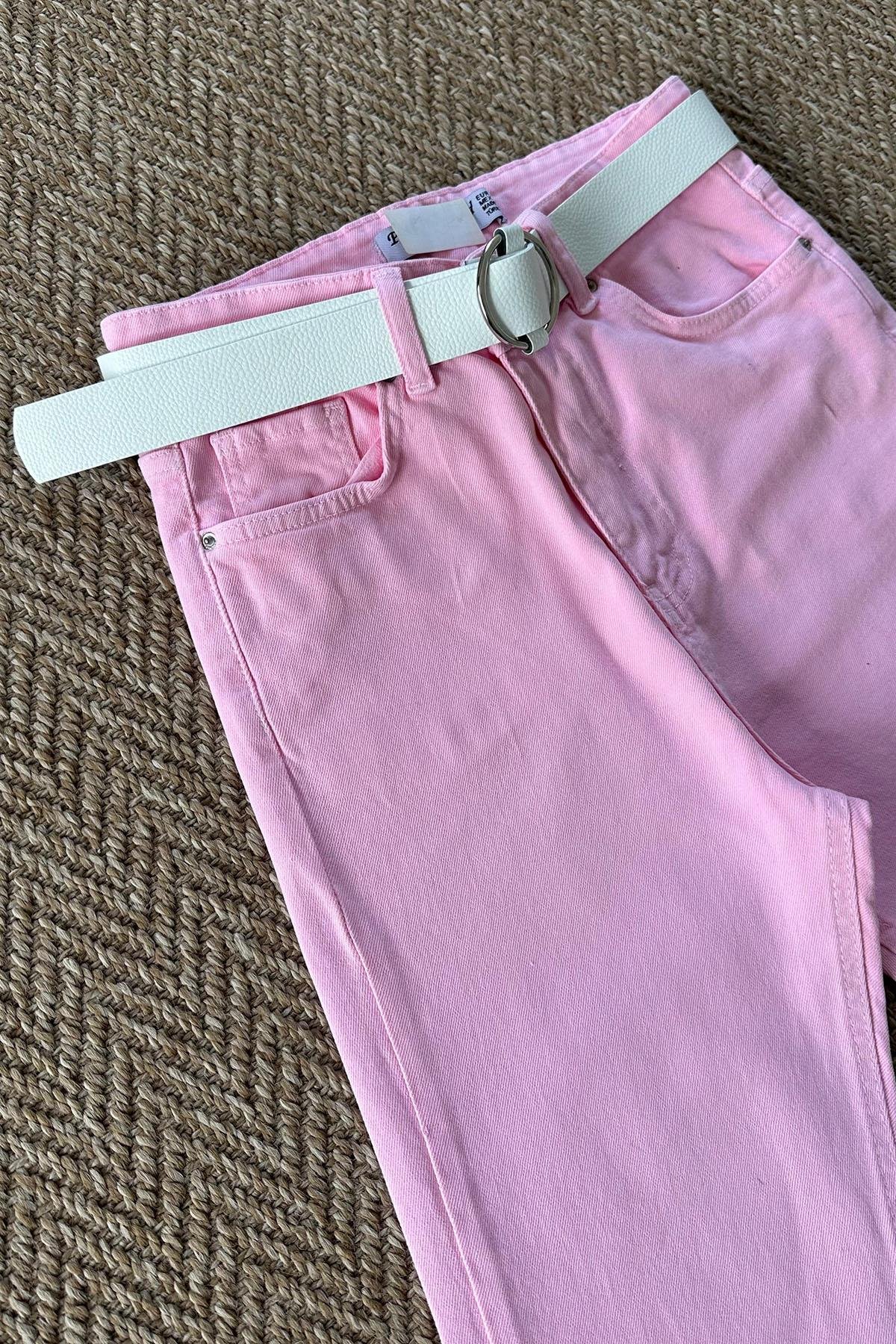 Kadın Kemerli Pembe Jean - PEMBE