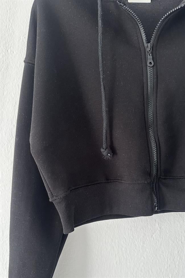 Kadın Kısa Fermuarlı Kapüşonlu Sweatshirt - SİYAH