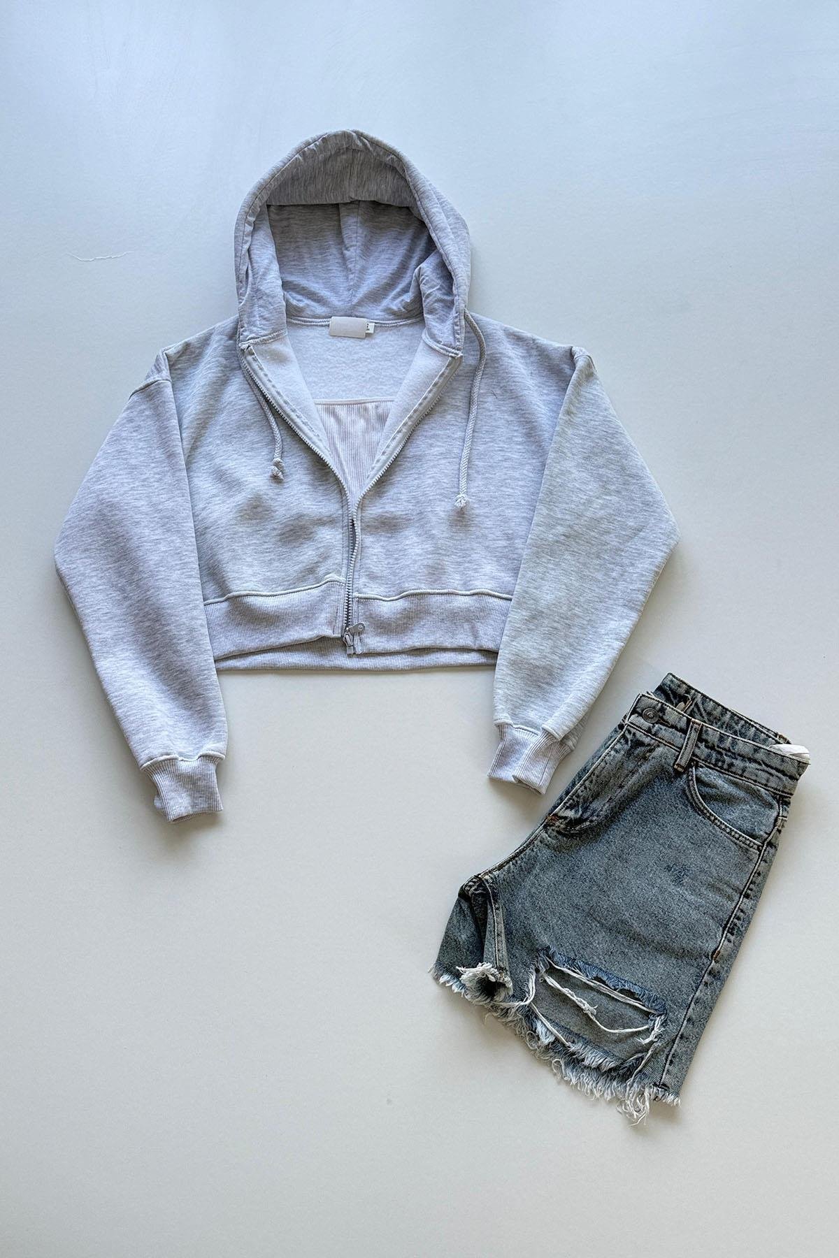 Kadın Kısa Fermuarlı Kapüşonlu Sweatshirt - GRİ