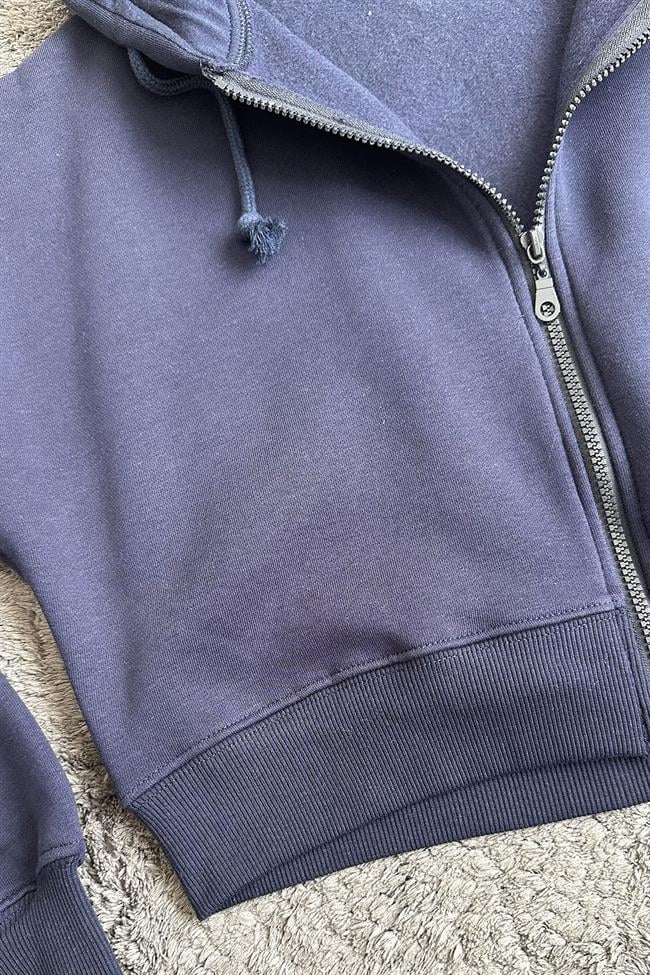 Kadın Kısa Fermuarlı Kapüşonlu Sweatshirt - LACİVERT