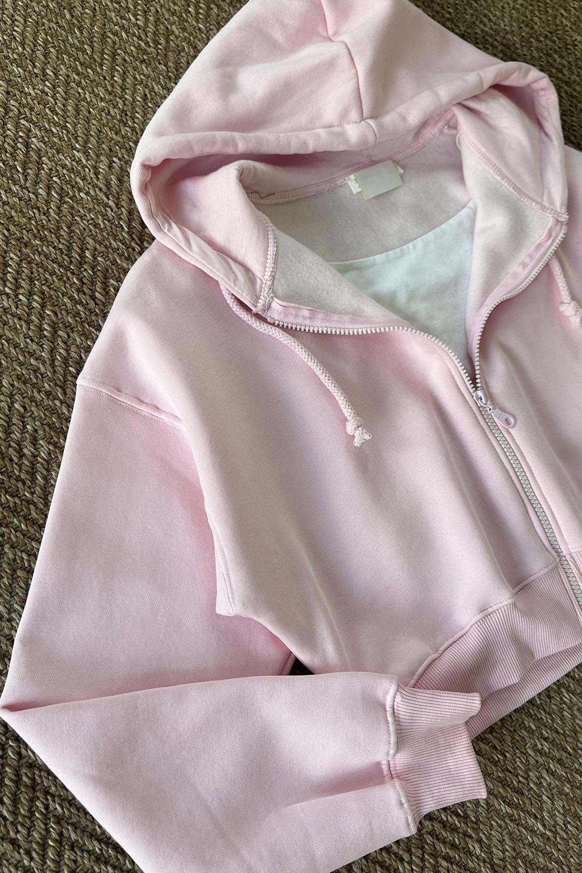 Kadın Kısa Fermuarlı Kapüşonlu Sweatshirt - PEMBE