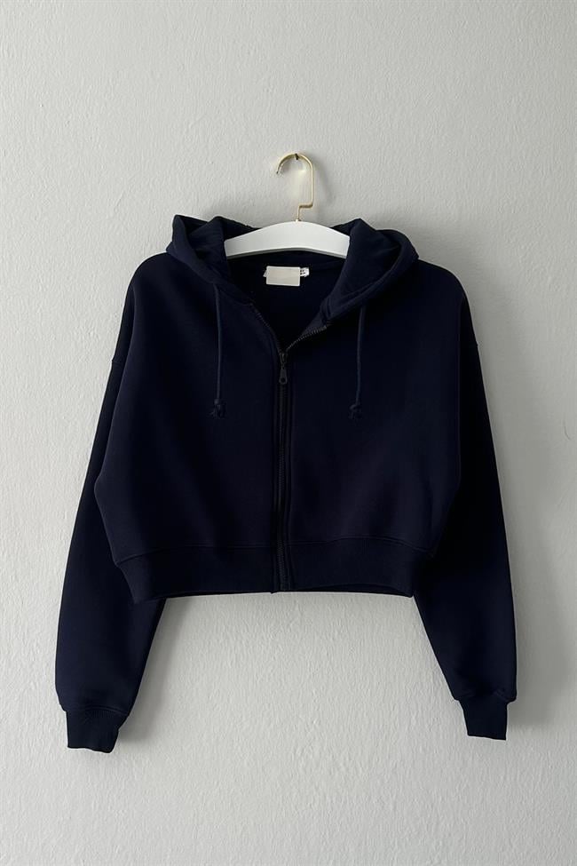 Kadın Kısa Fermuarlı Kapüşonlu Sweatshirt - LACİVERT