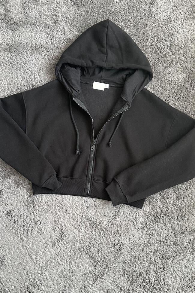 Kadın Kısa Fermuarlı Kapüşonlu Sweatshirt - SİYAH