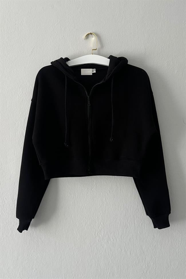 Kadın Kısa Fermuarlı Kapüşonlu Sweatshirt - SİYAH