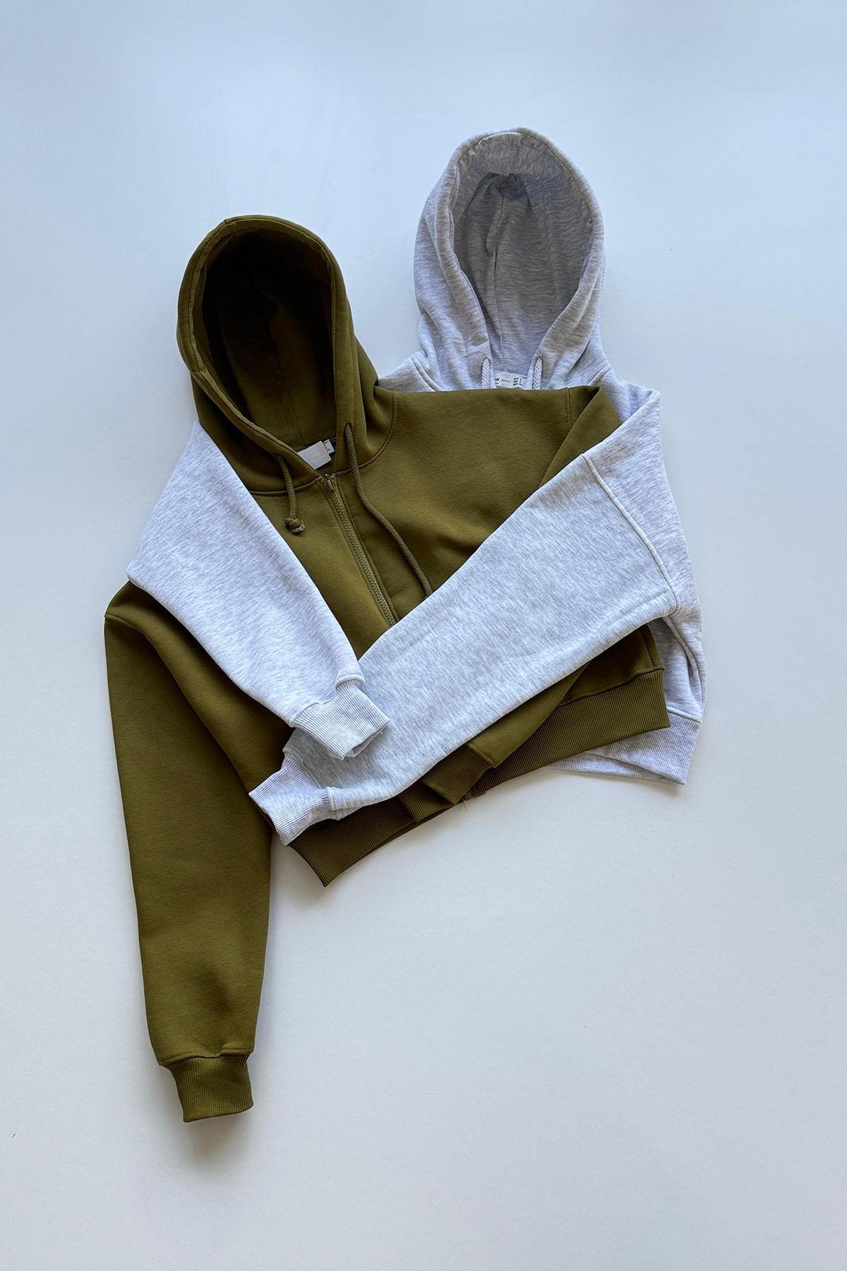 Kadın Kısa Fermuarlı Kapüşonlu Sweatshirt - GRİ