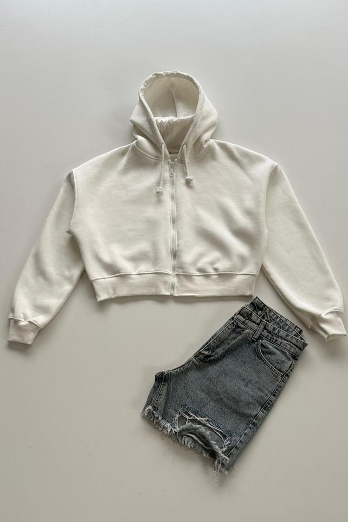 Kadın Kısa Fermuarlı Kapüşonlu Sweatshirt - BEYAZ